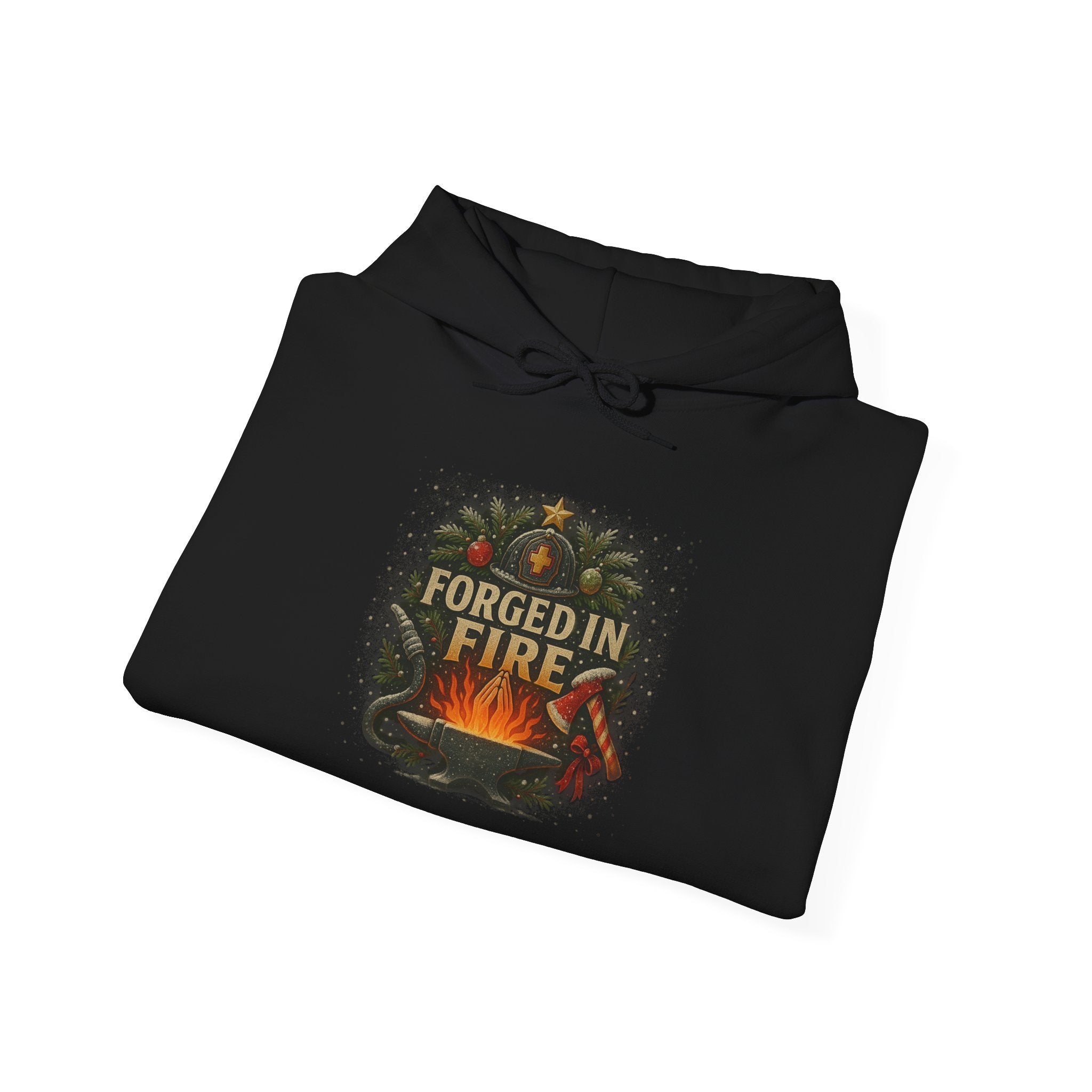 Christmas Hoodie – "Forged in Fire" Vintage Firefighter Christmas Hoodie