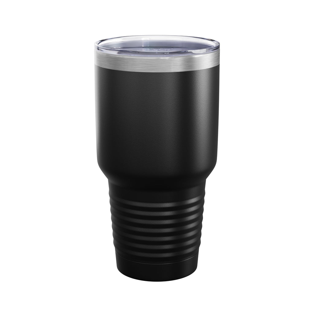 Back view of black Forged in Fire 30oz tumbler with plain black surface, stainless steel rim and clear lid.