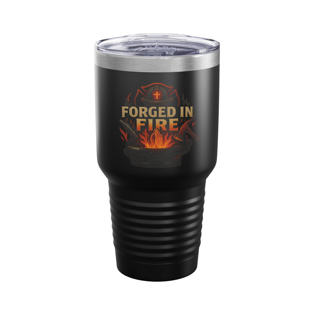 Front of black Forged in Fire 30oz tumbler with gold lettering, red-orange flames, firefighter helmet and clear lid.