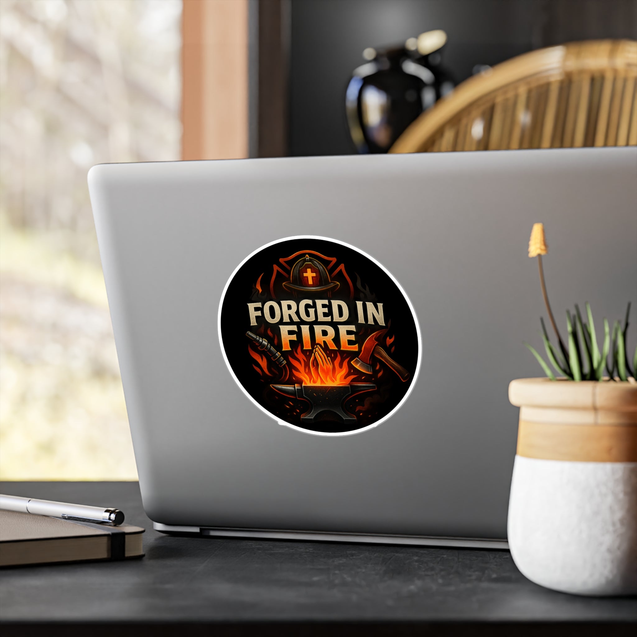 Forged in Fire Vinyl Sticker — Blacksmith Anvil & Flame Kiss-Cut Decal