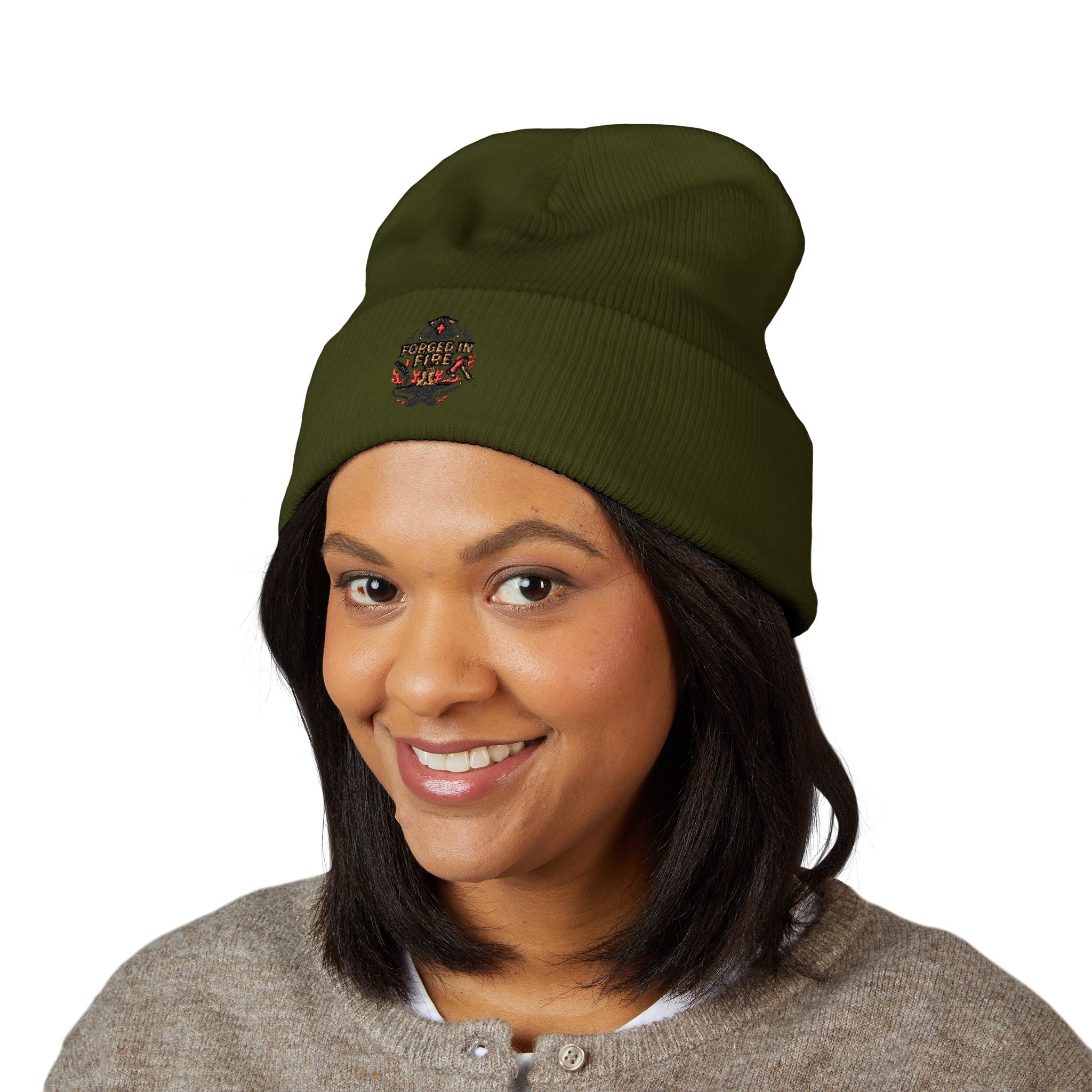 Embroidered Floral Skull Beanie – Yellow Cuffed Knit Hat
