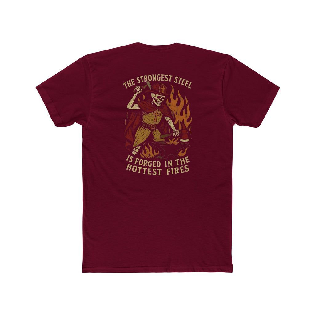 'The Strongest Steel Is Forged In The Hottest Fires' Graphic Tee — Skeleton Blacksmith Design