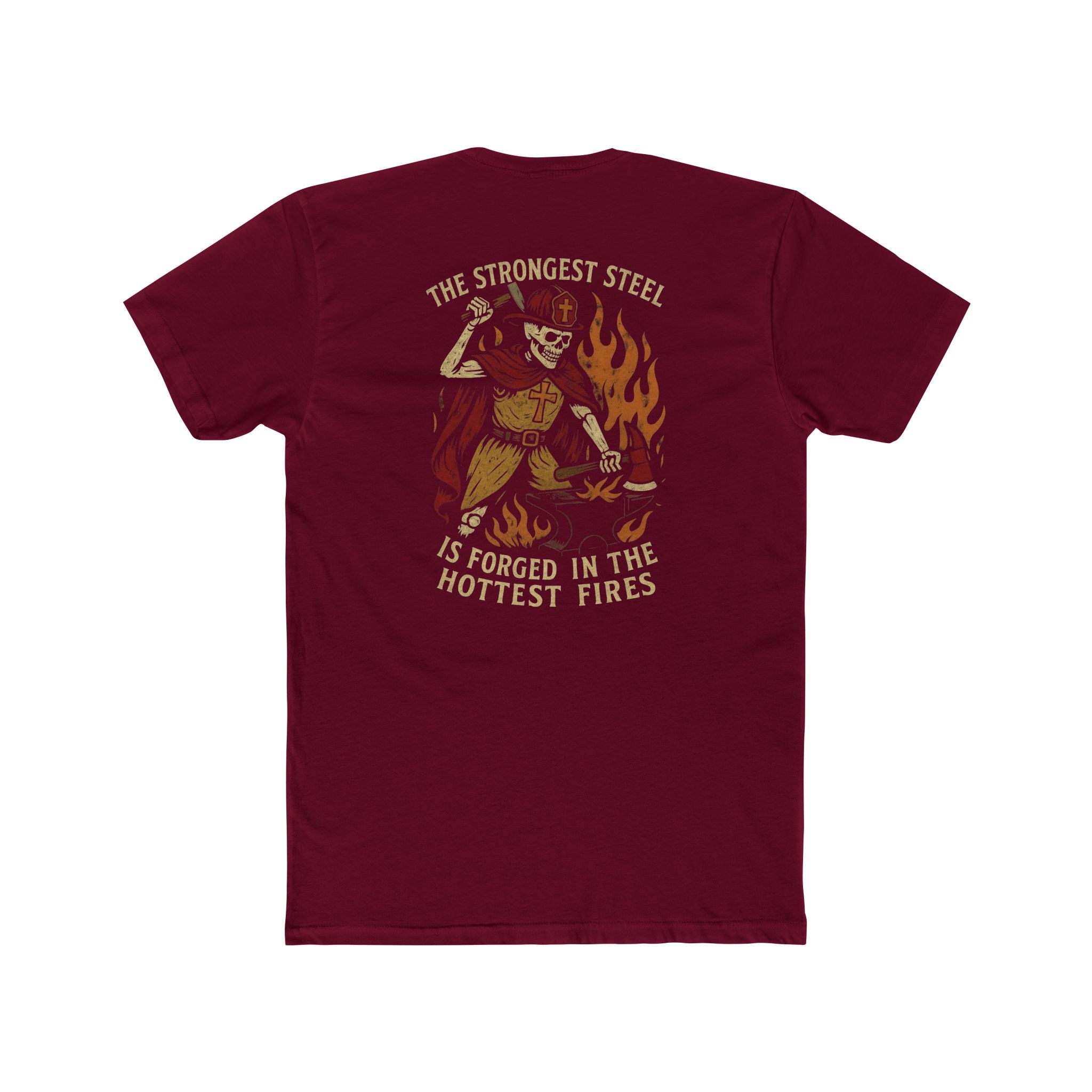 'The Strongest Steel Is Forged In The Hottest Fires' Graphic Tee — Skeleton Blacksmith Design