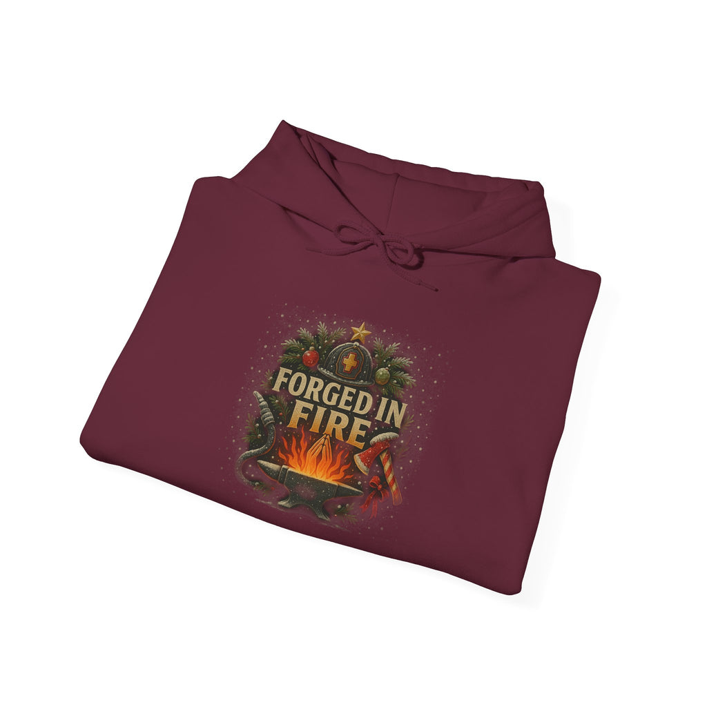 Christmas Hoodie – "Forged in Fire" Vintage Firefighter Christmas Hoodie