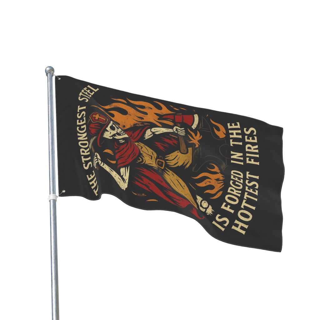 Double-Sided Flag - 'The Strongest Steel Is Forged in the Hottest Fires' Skeleton Firefighter Banner