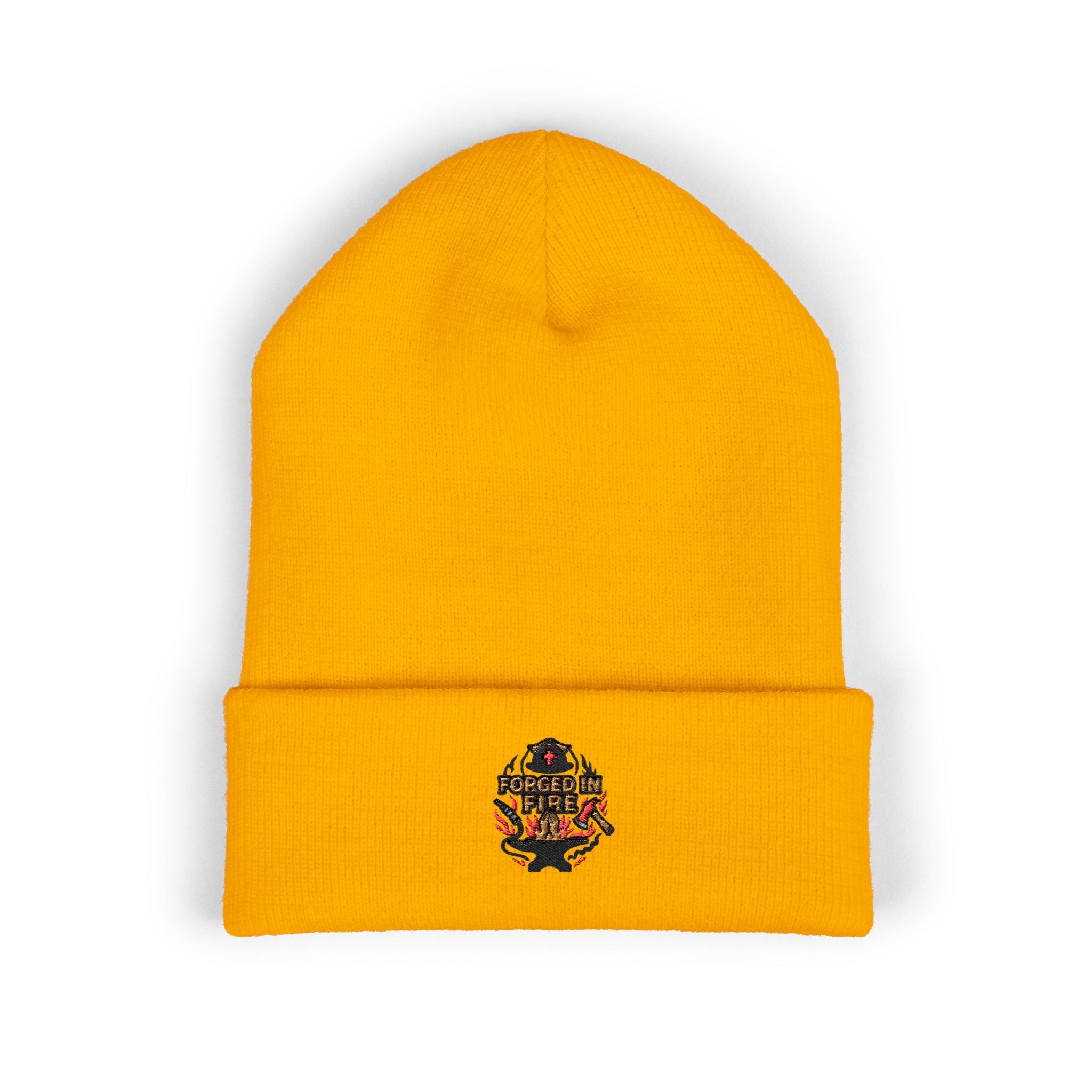 Embroidered Floral Skull Beanie – Yellow Cuffed Knit Hat