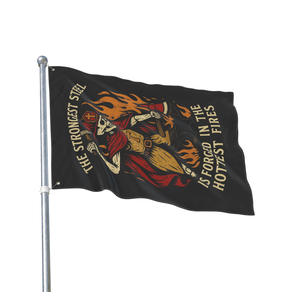 Double-Sided Flag - 'The Strongest Steel Is Forged in the Hottest Fires' Skeleton Firefighter Banner
