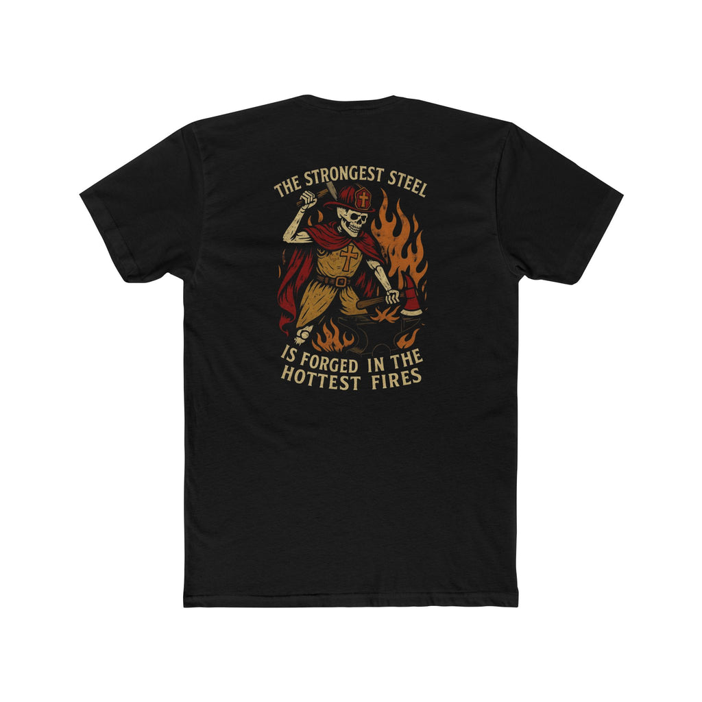 'The Strongest Steel Is Forged In The Hottest Fires' Graphic Tee — Skeleton Blacksmith Design
