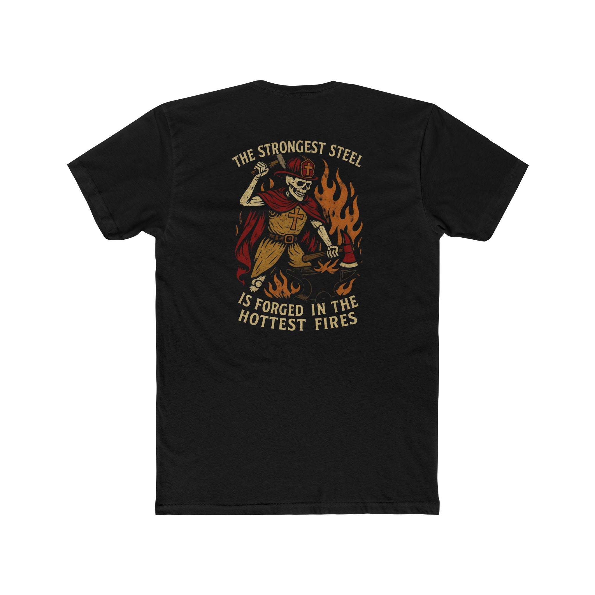 'The Strongest Steel Is Forged In The Hottest Fires' Graphic Tee — Skeleton Blacksmith Design