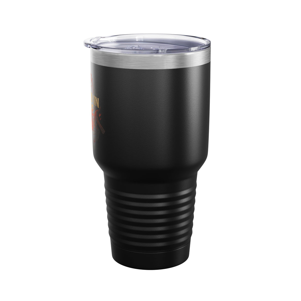 Opposite side of black Forged in Fire 30oz tumbler showing the clear lid, ribbed base and edge of the artwork.