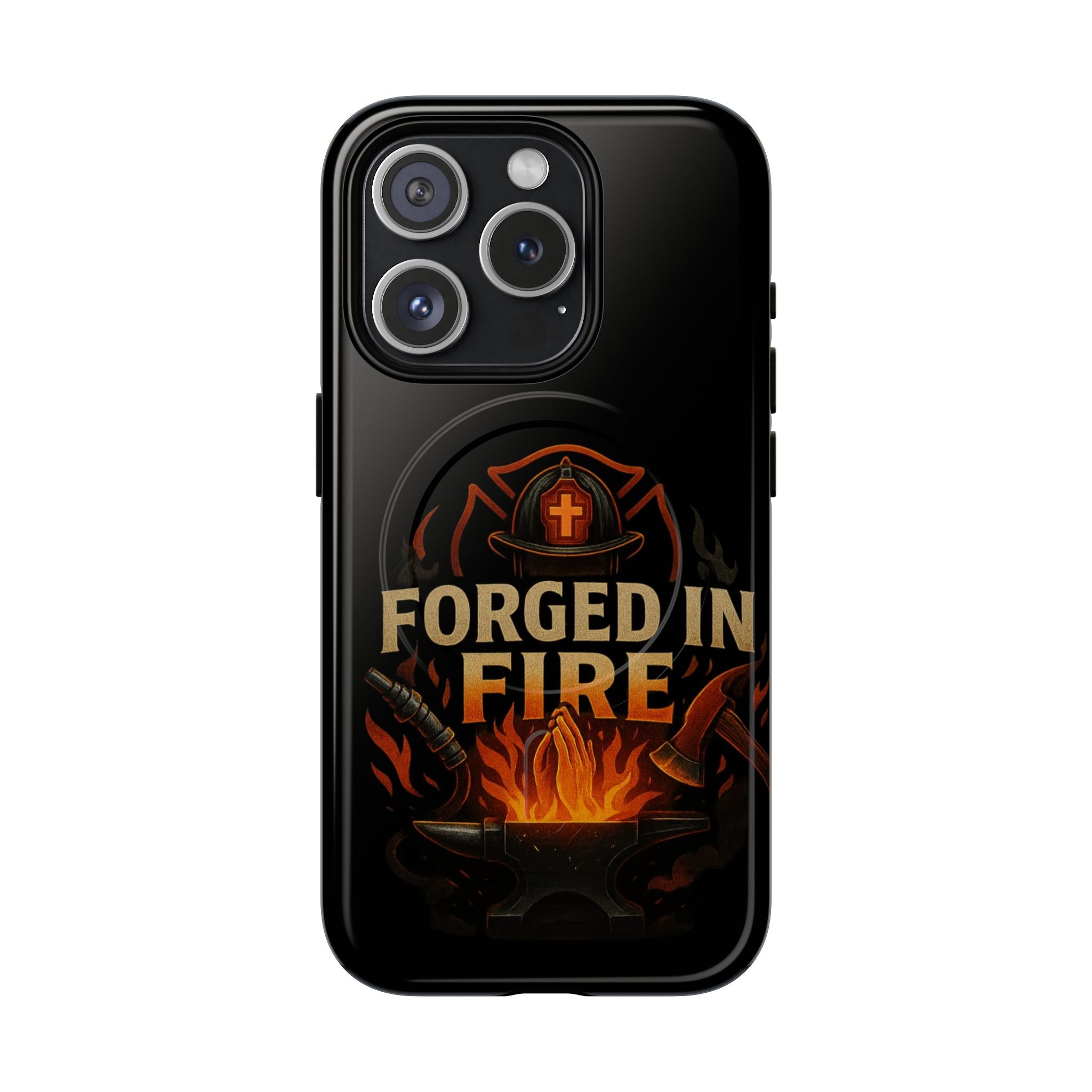 Forged in Fire Tough Magnetic Phone Case — Firefighter Anvil Design