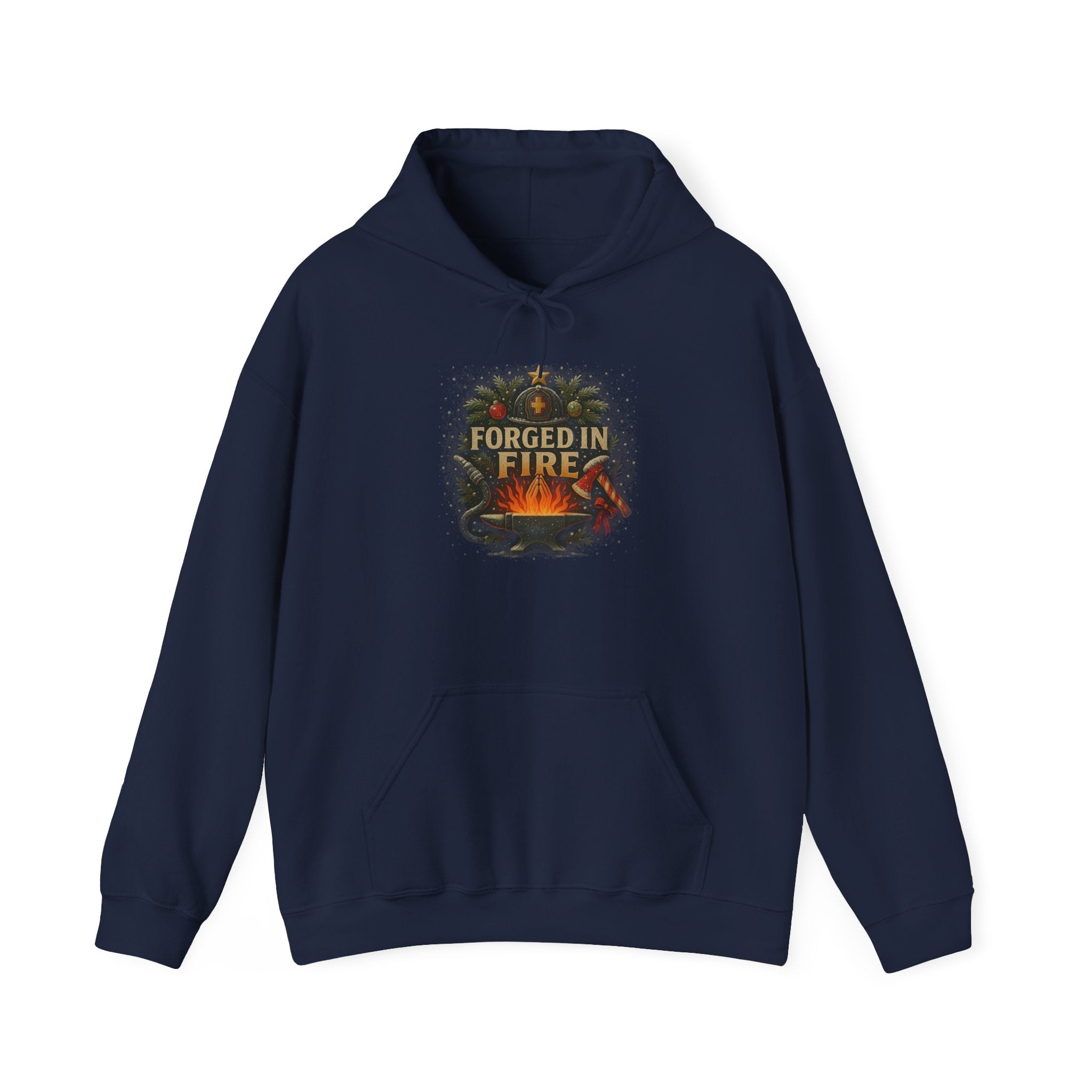 Christmas Hoodie – "Forged in Fire" Vintage Firefighter Christmas Hoodie