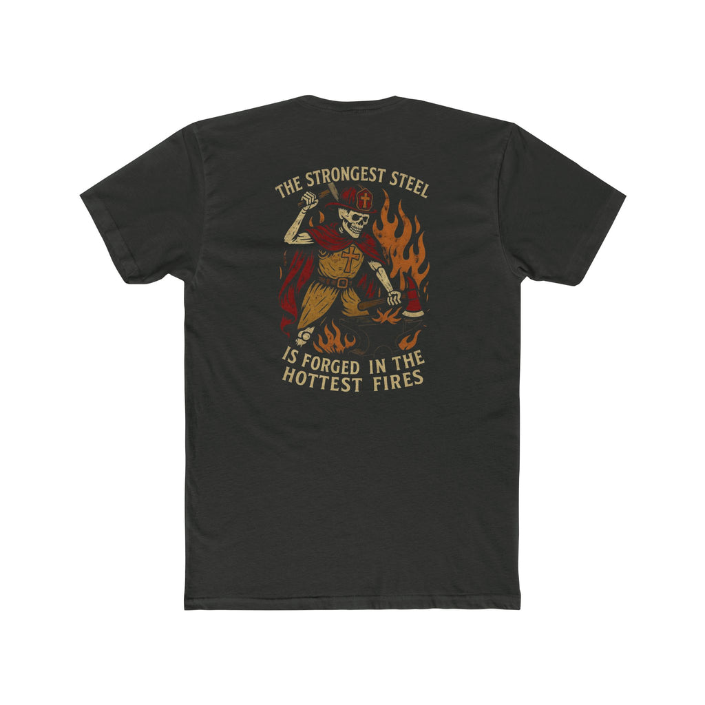 'The Strongest Steel Is Forged In The Hottest Fires' Graphic Tee — Skeleton Blacksmith Design