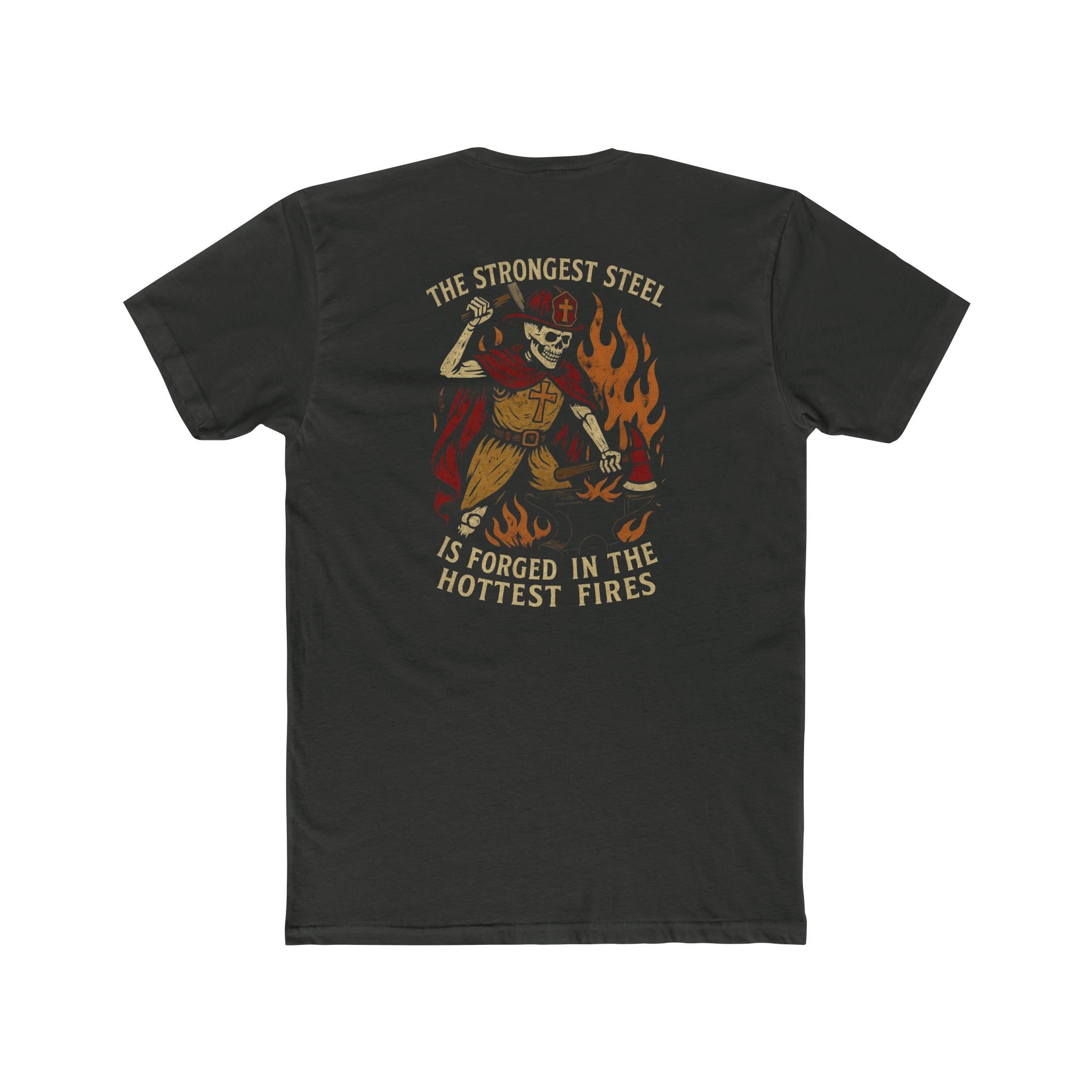 'The Strongest Steel Is Forged In The Hottest Fires' Graphic Tee — Skeleton Blacksmith Design