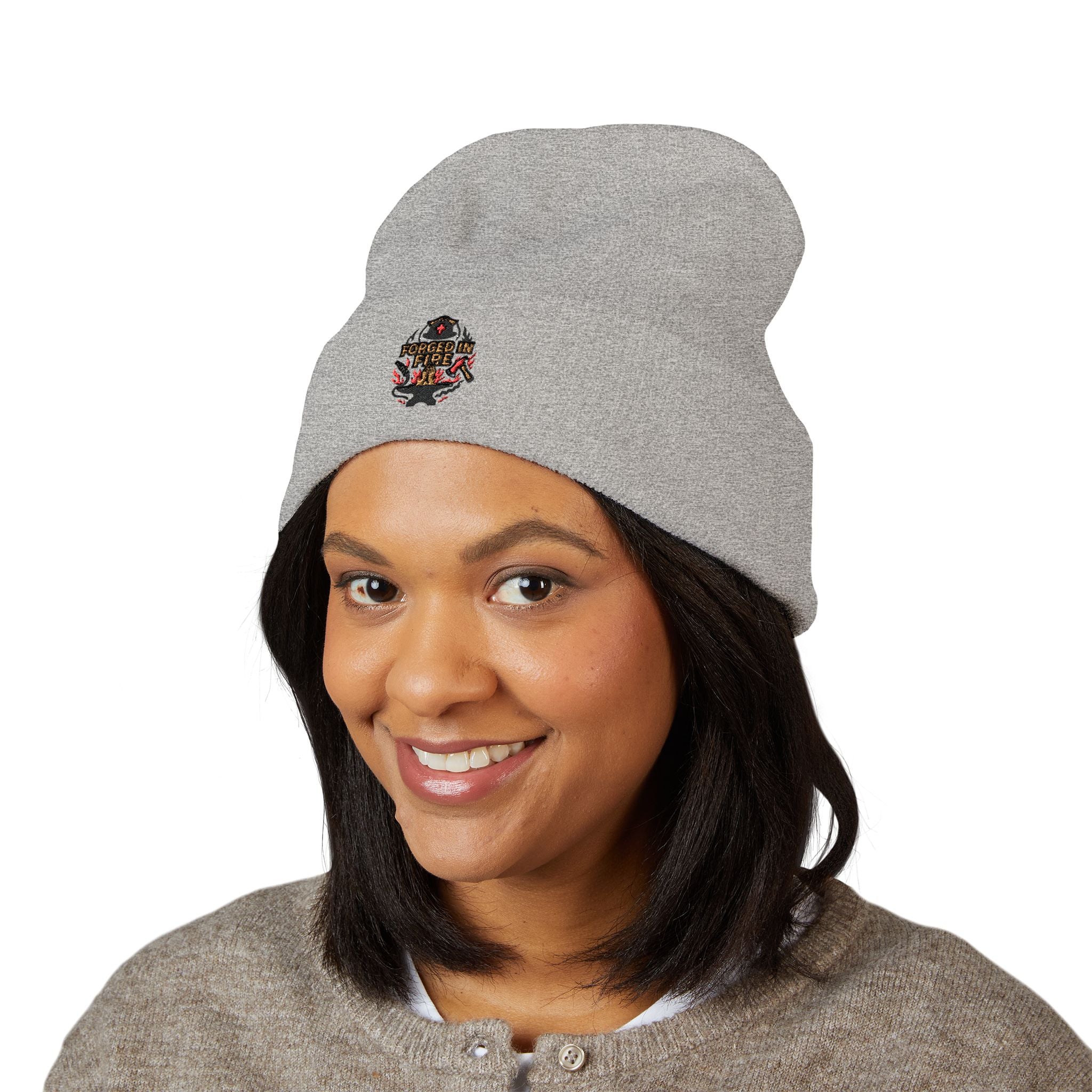 Embroidered Floral Skull Beanie – Yellow Cuffed Knit Hat