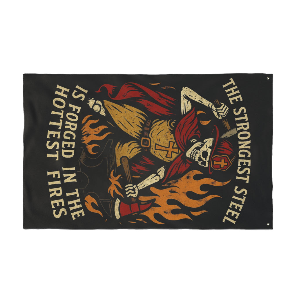 Double-Sided Flag - 'The Strongest Steel Is Forged in the Hottest Fires' Skeleton Firefighter Banner