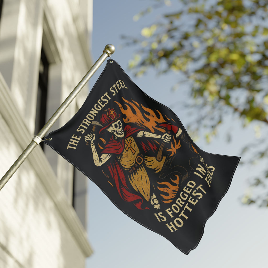 Double-Sided Flag - 'The Strongest Steel Is Forged in the Hottest Fires' Skeleton Firefighter Banner