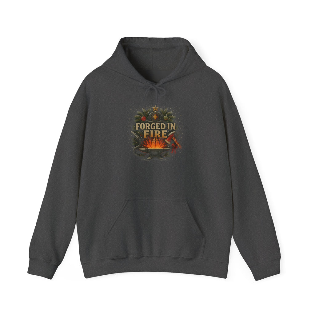 Christmas Hoodie – "Forged in Fire" Vintage Firefighter Christmas Hoodie