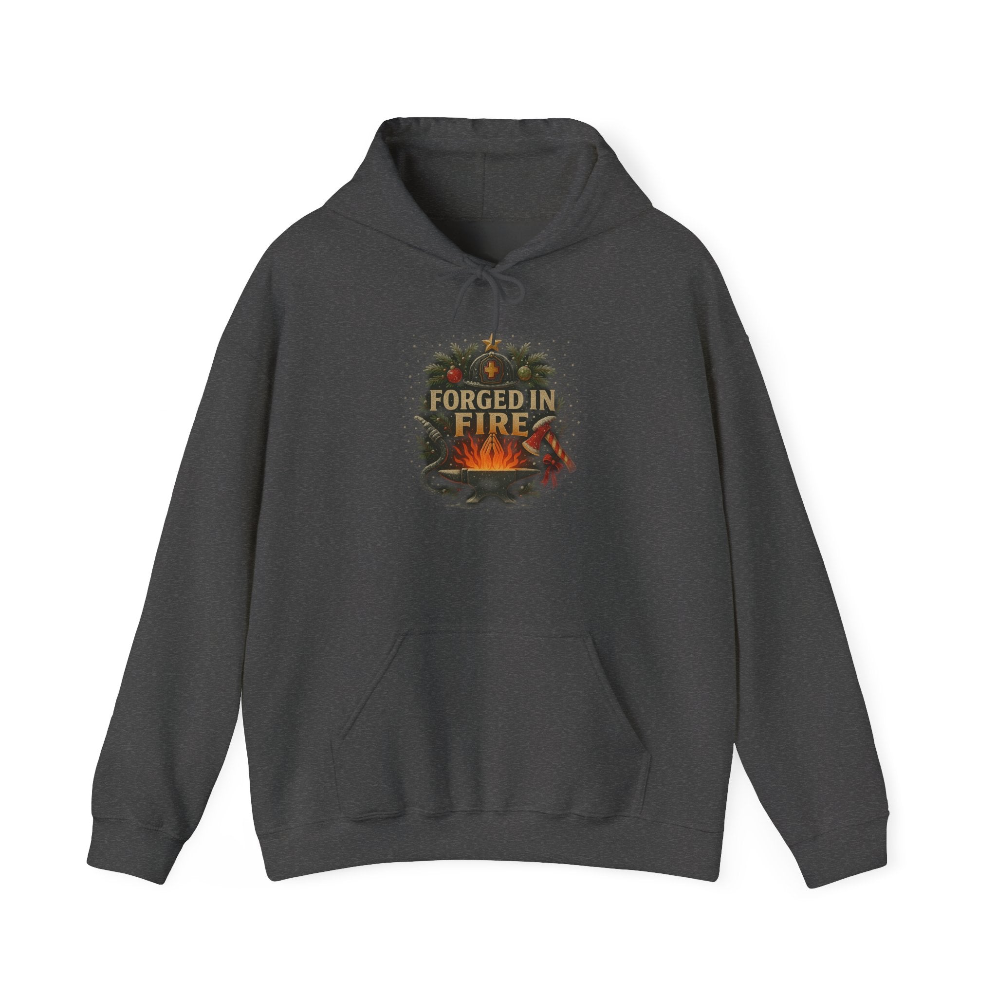 Christmas Hoodie – "Forged in Fire" Vintage Firefighter Christmas Hoodie