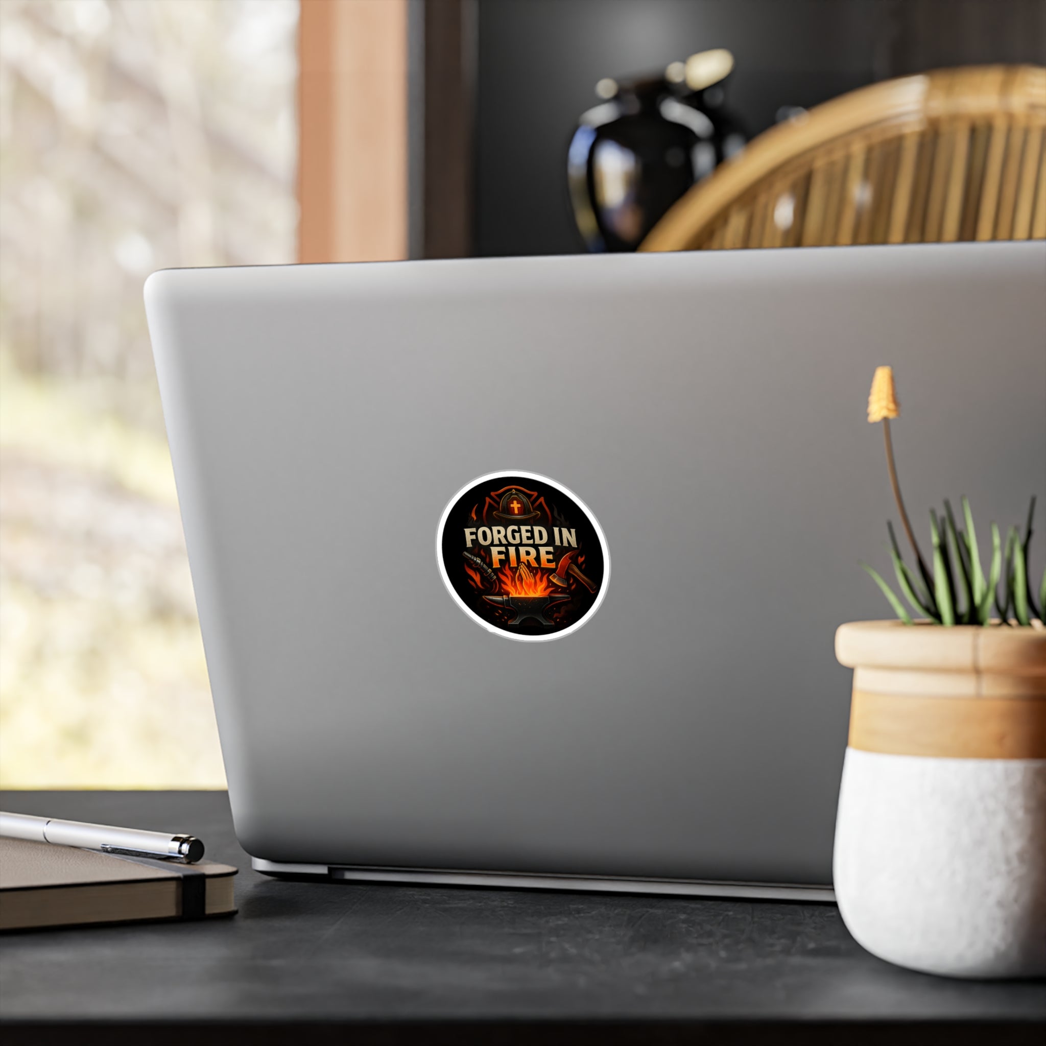 Forged in Fire Vinyl Sticker — Blacksmith Anvil & Flame Kiss-Cut Decal