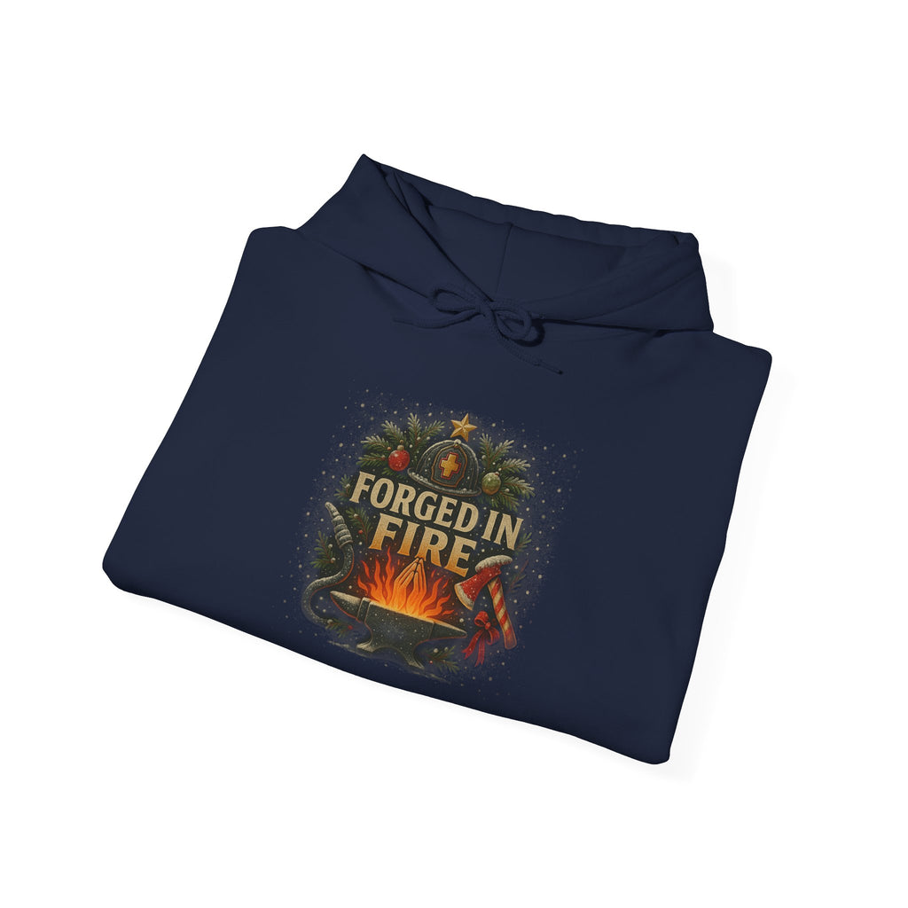 Christmas Hoodie – "Forged in Fire" Vintage Firefighter Christmas Hoodie