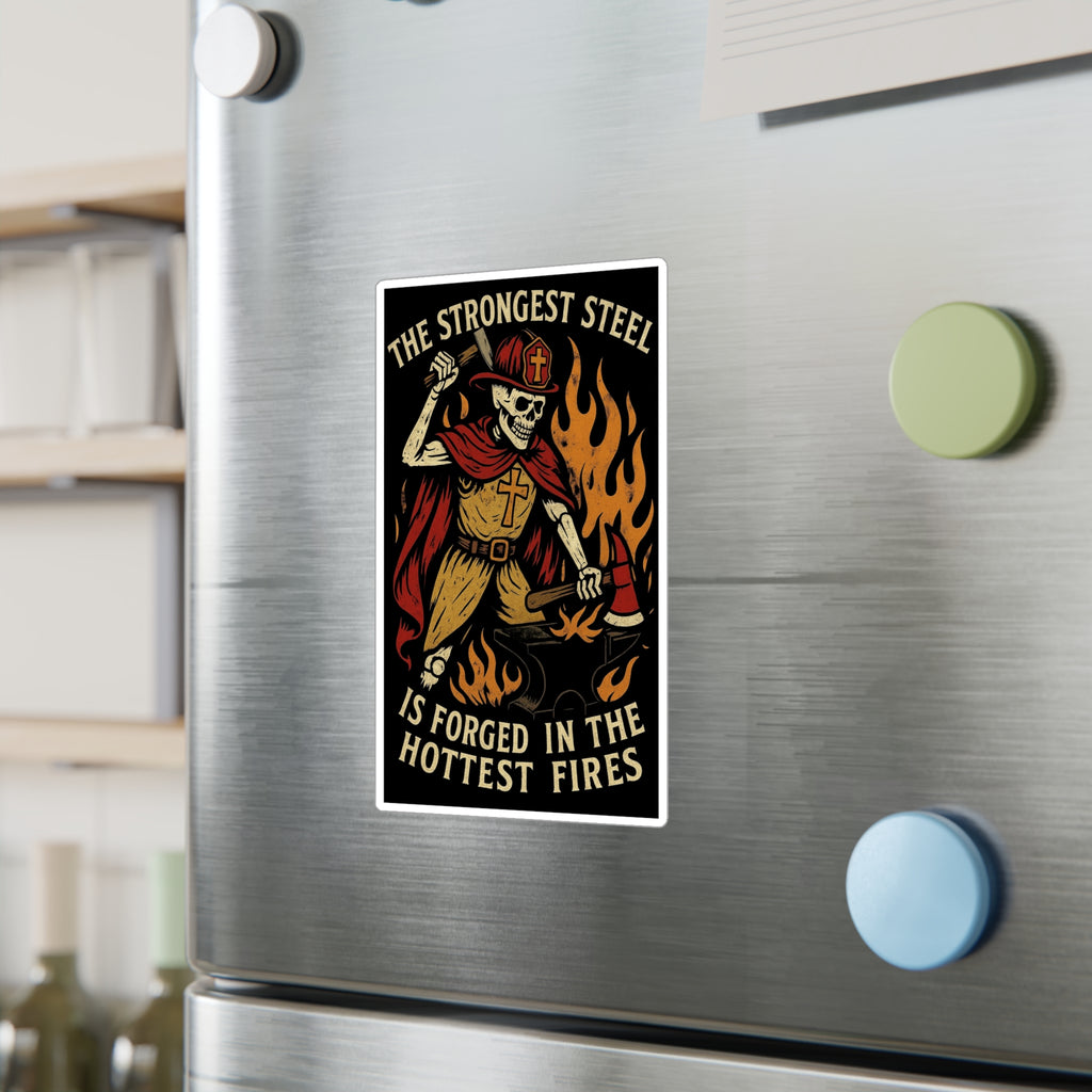 Firefighter Skeleton Forge Sticker — "The Strongest Steel Is Forged in the Hottest Fires" Vinyl Decal