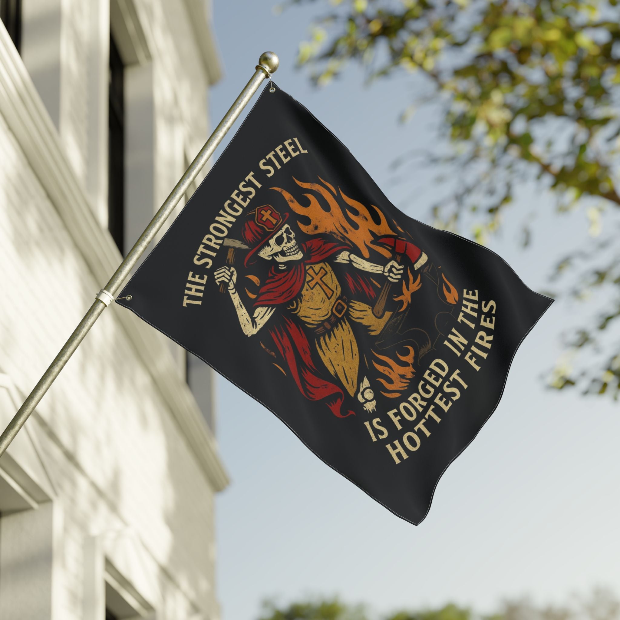 Double-Sided Flag - 'The Strongest Steel Is Forged in the Hottest Fires' Skeleton Firefighter Banner