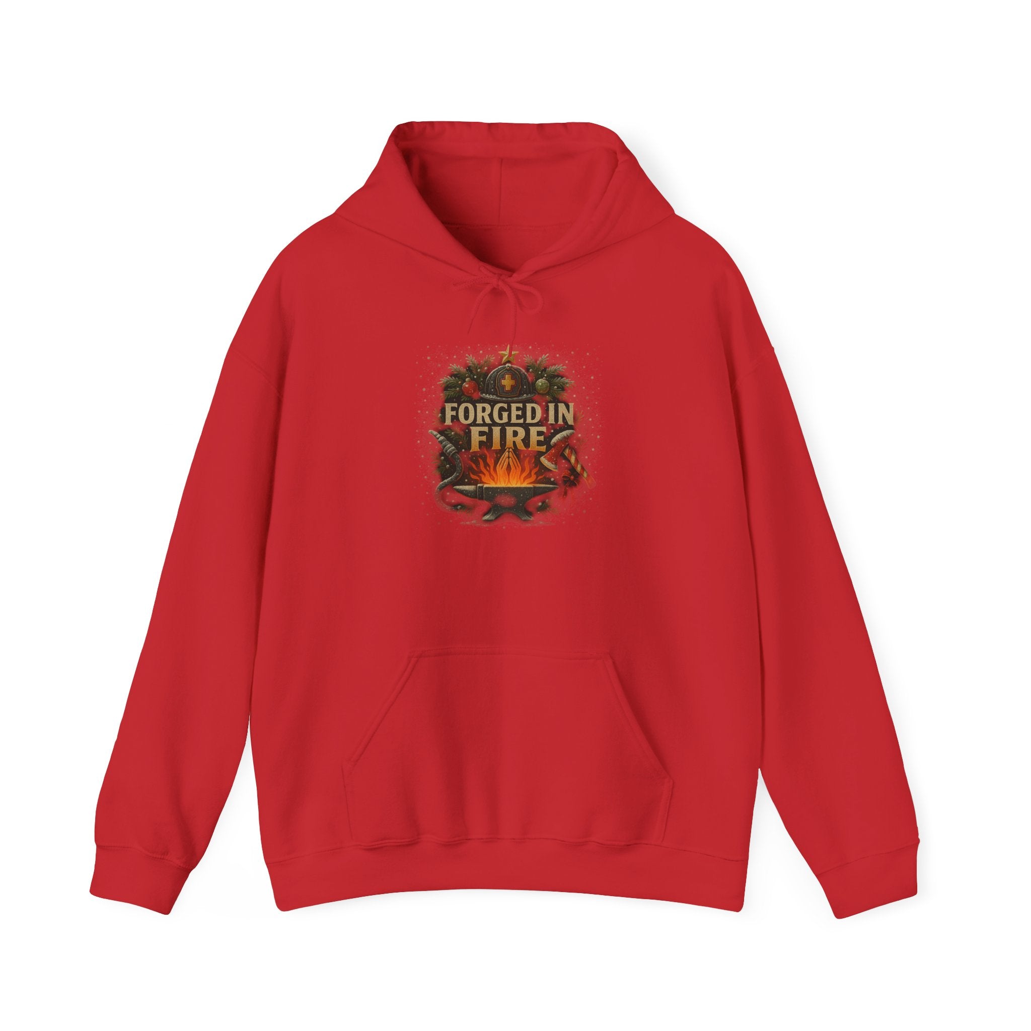 Christmas Hoodie – "Forged in Fire" Vintage Firefighter Christmas Hoodie