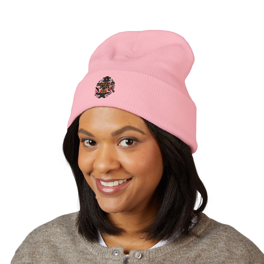 Embroidered Floral Skull Beanie – Yellow Cuffed Knit Hat