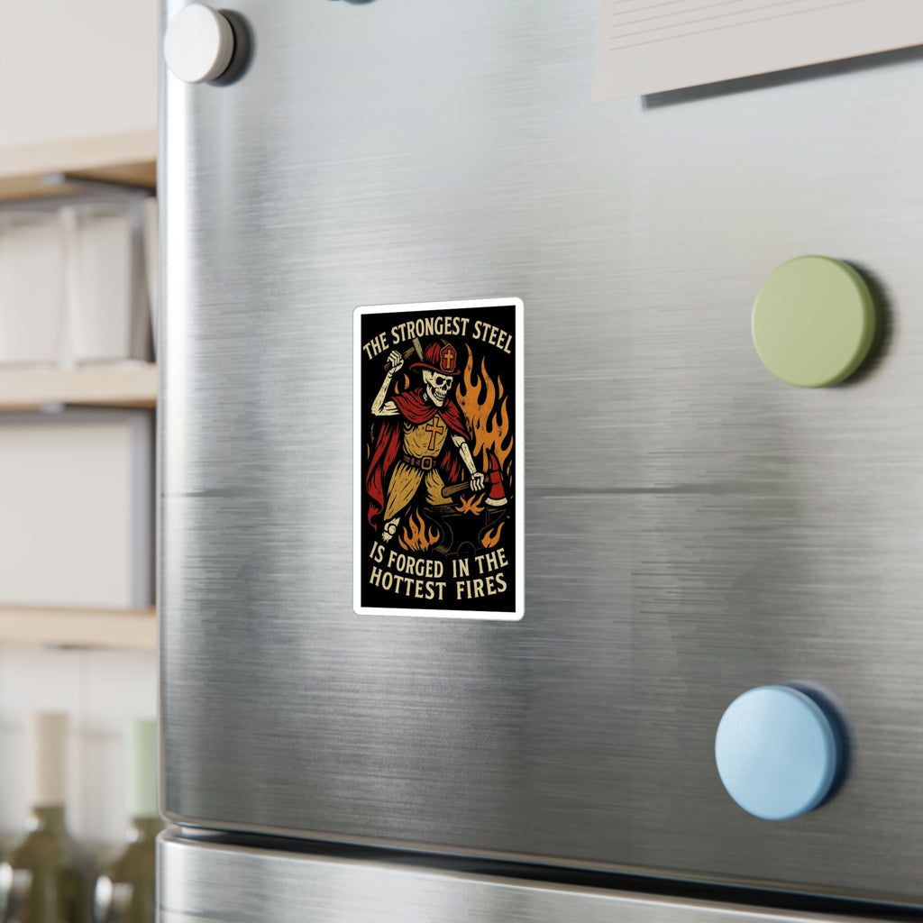 Firefighter Skeleton Forge Sticker — "The Strongest Steel Is Forged in the Hottest Fires" Vinyl Decal