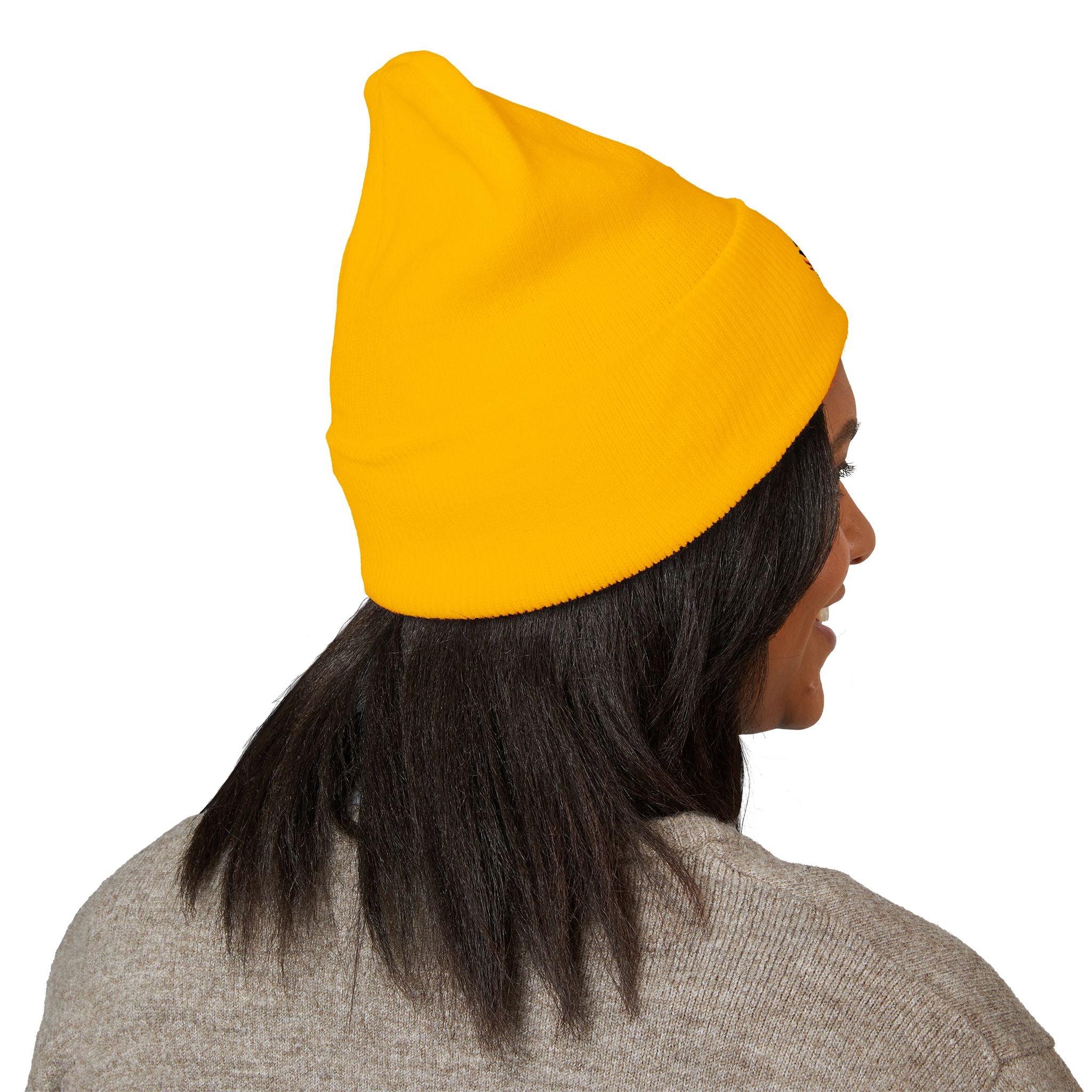 Embroidered Floral Skull Beanie – Yellow Cuffed Knit Hat