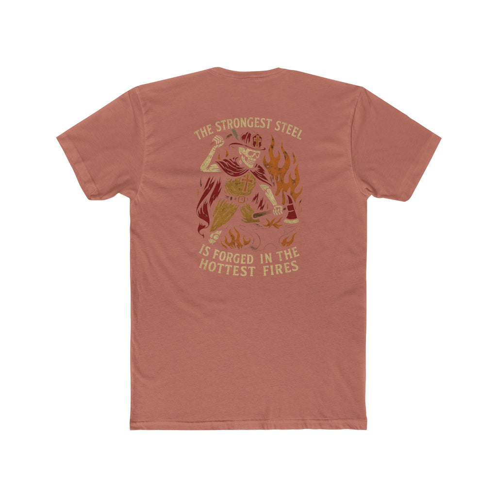 'The Strongest Steel Is Forged In The Hottest Fires' Graphic Tee — Skeleton Blacksmith Design