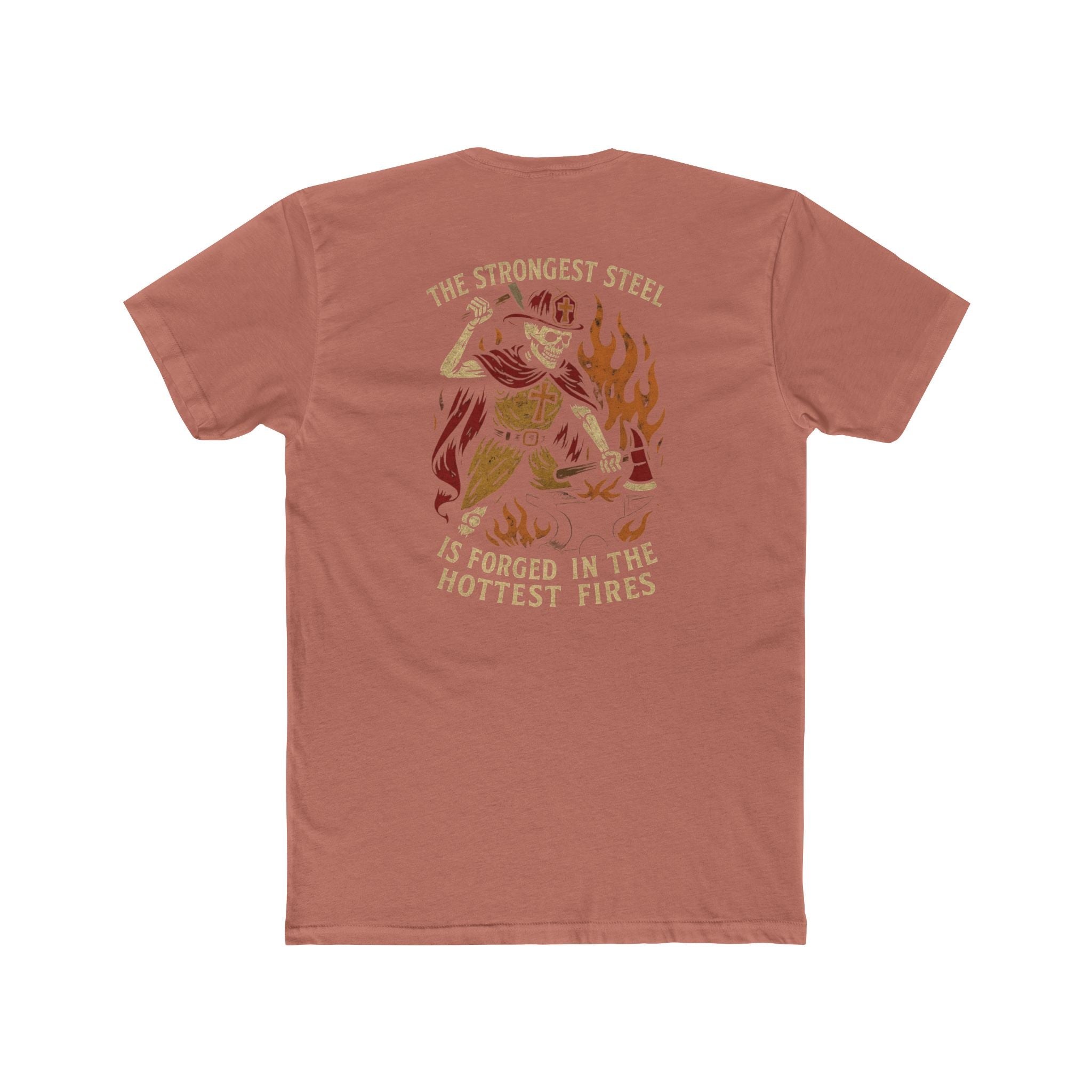 'The Strongest Steel Is Forged In The Hottest Fires' Graphic Tee — Skeleton Blacksmith Design
