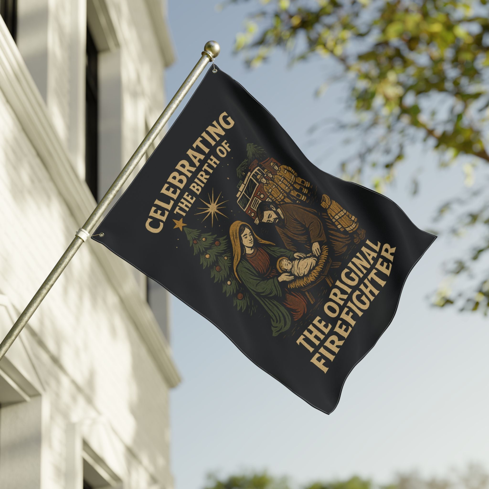 Nativity 'The Original Firefighter' Double-Sided Christmas Flag