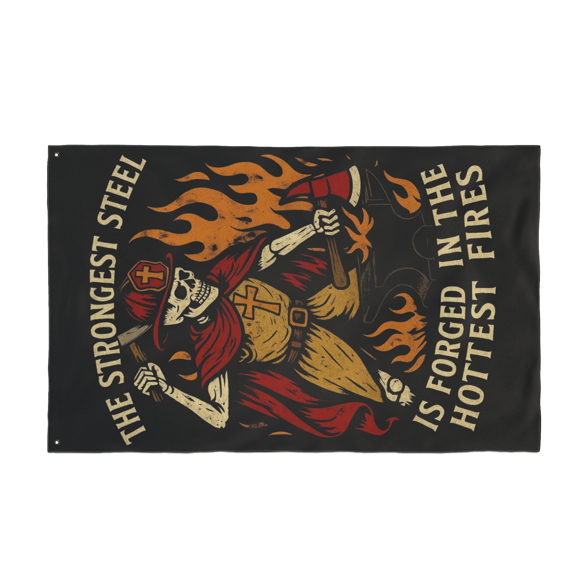 Double-Sided Flag - 'The Strongest Steel Is Forged in the Hottest Fires' Skeleton Firefighter Banner