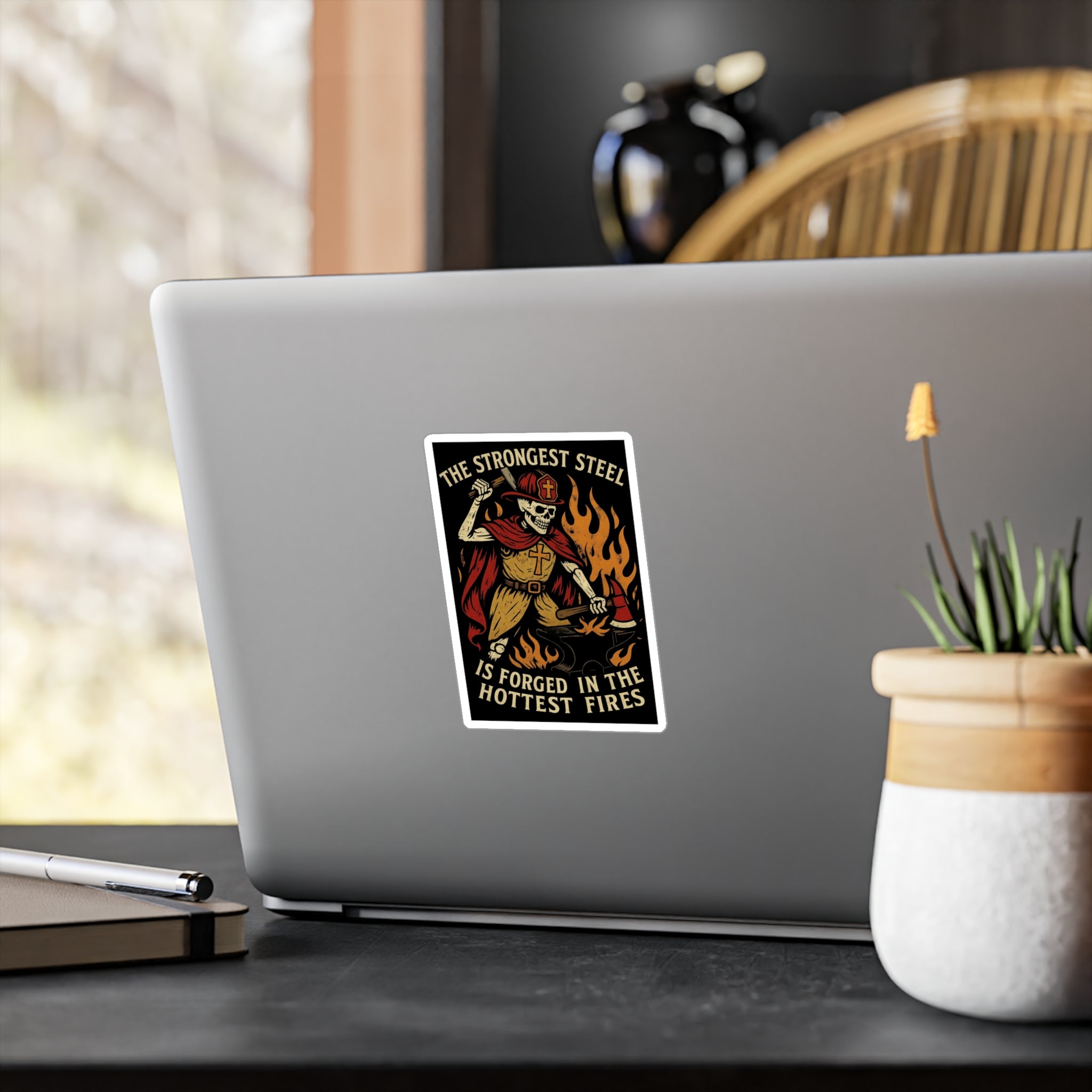 Firefighter Skeleton Forge Sticker — "The Strongest Steel Is Forged in the Hottest Fires" Vinyl Decal