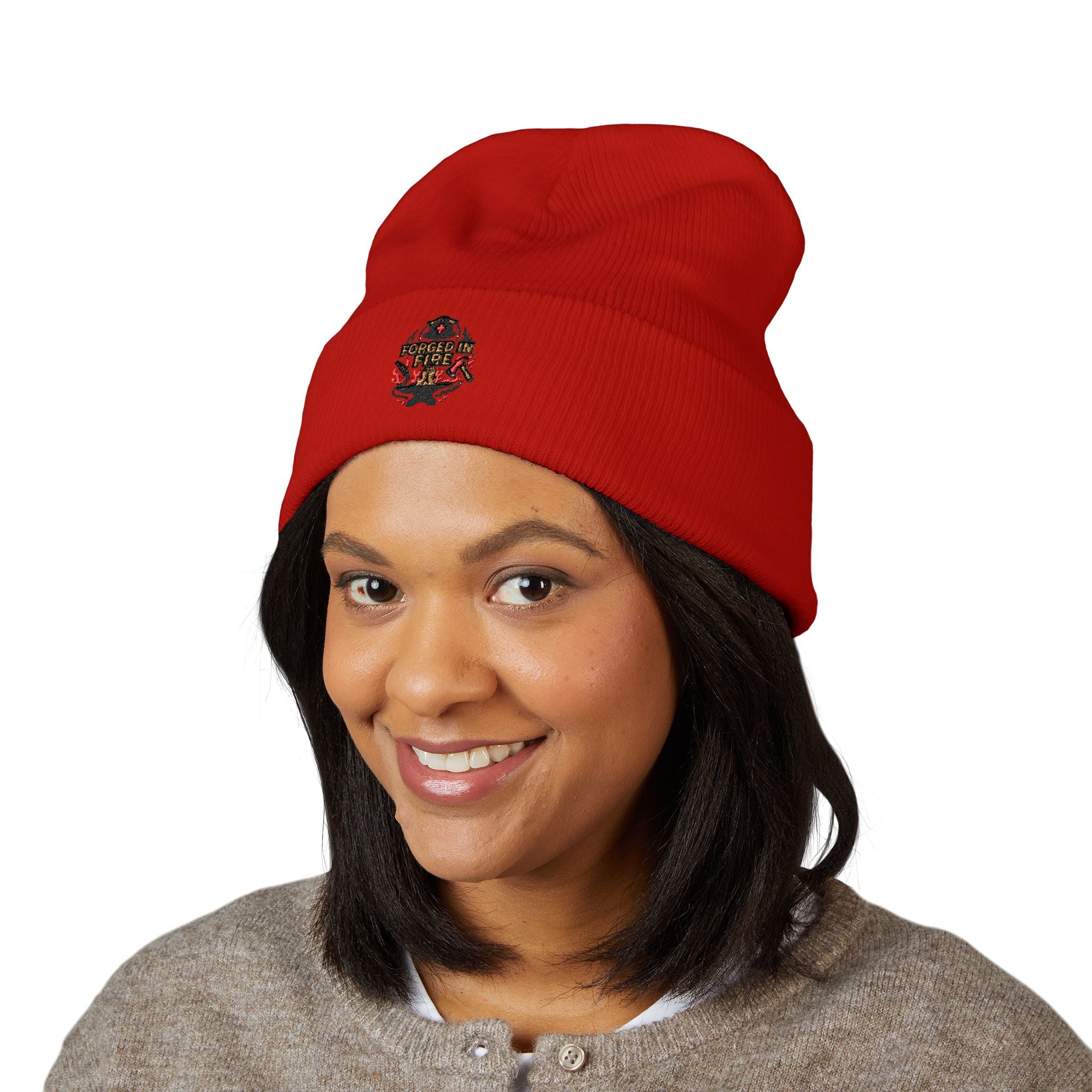 Embroidered Floral Skull Beanie – Yellow Cuffed Knit Hat