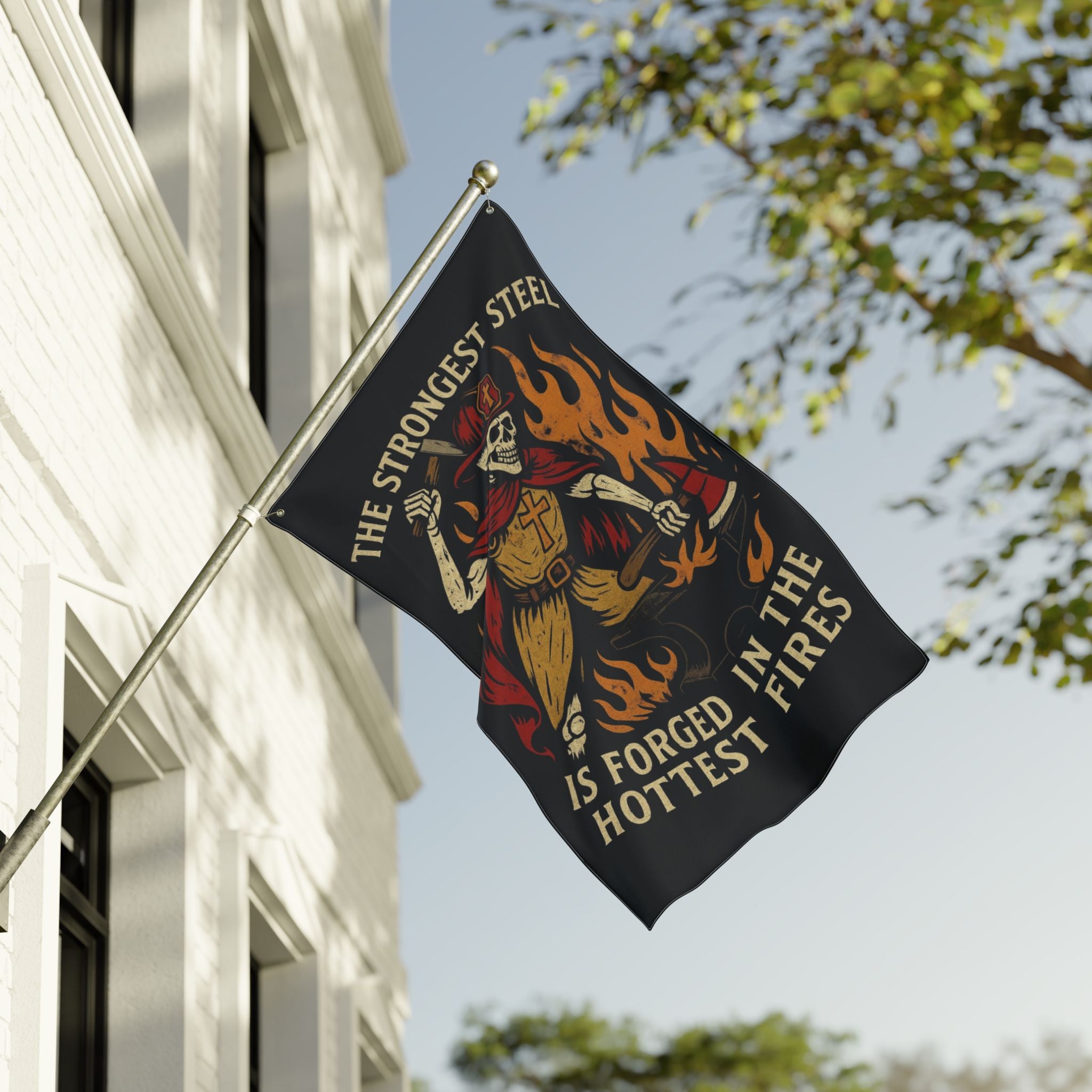 Double-Sided Flag - 'The Strongest Steel Is Forged in the Hottest Fires' Skeleton Firefighter Banner