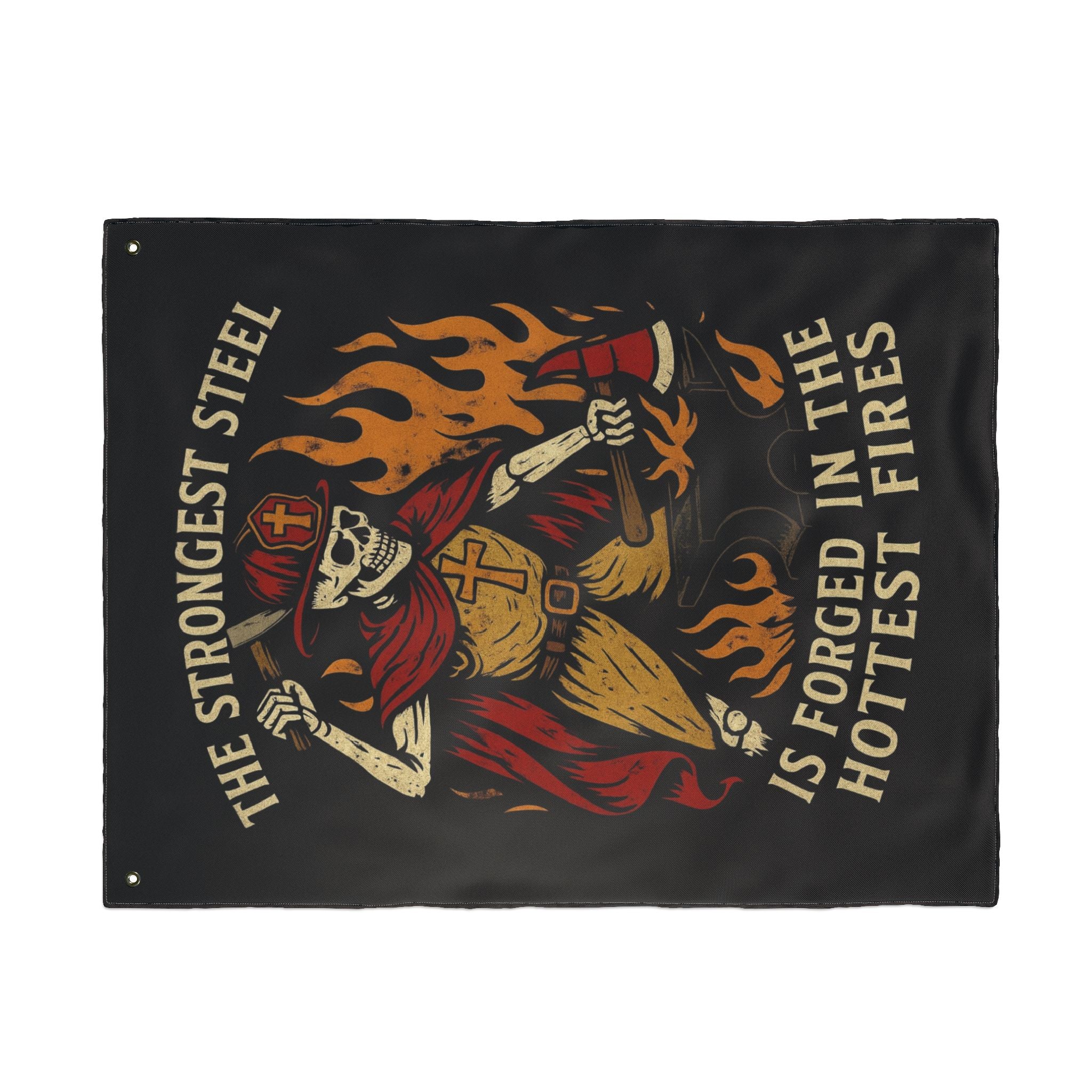 Double-Sided Flag - 'The Strongest Steel Is Forged in the Hottest Fires' Skeleton Firefighter Banner
