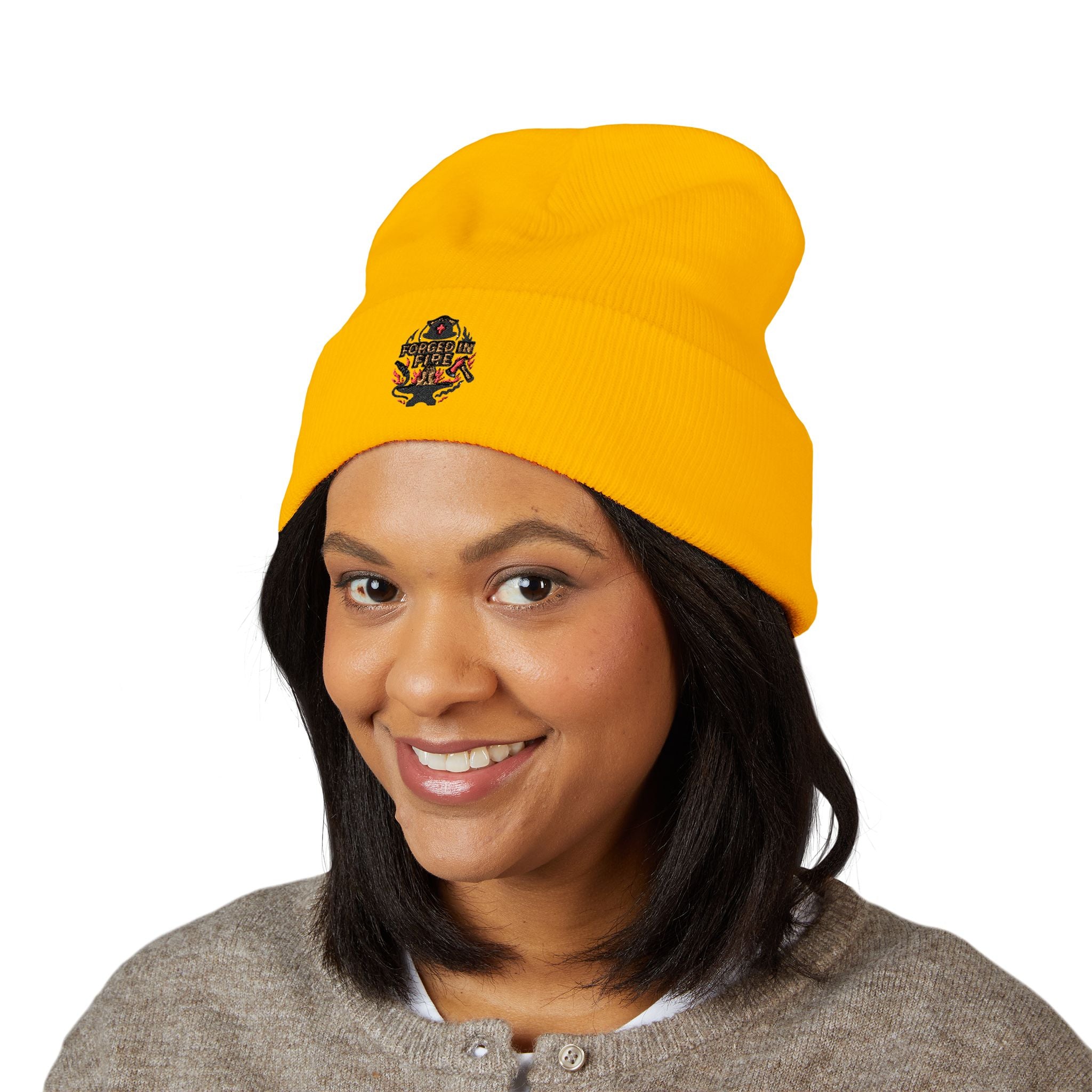 Embroidered Floral Skull Beanie – Yellow Cuffed Knit Hat