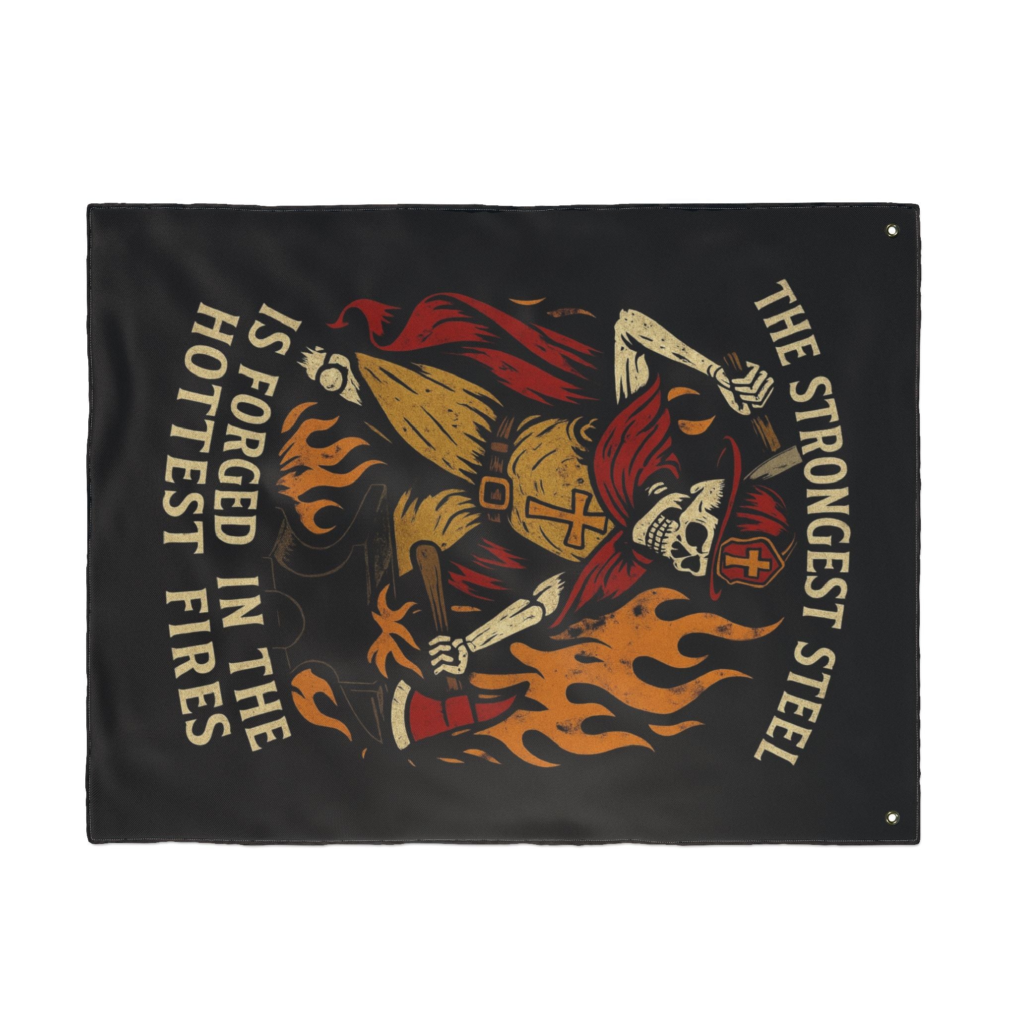Double-Sided Flag - 'The Strongest Steel Is Forged in the Hottest Fires' Skeleton Firefighter Banner