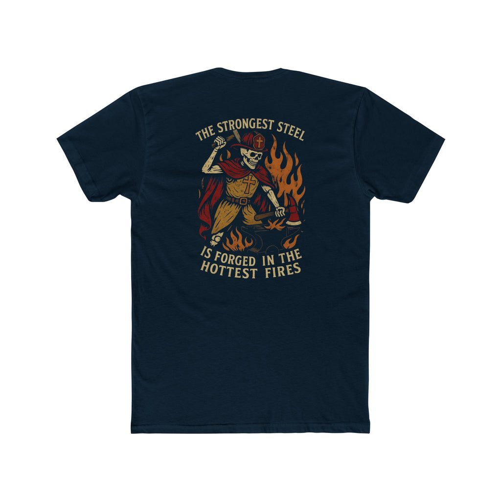 'The Strongest Steel Is Forged In The Hottest Fires' Graphic Tee — Skeleton Blacksmith Design
