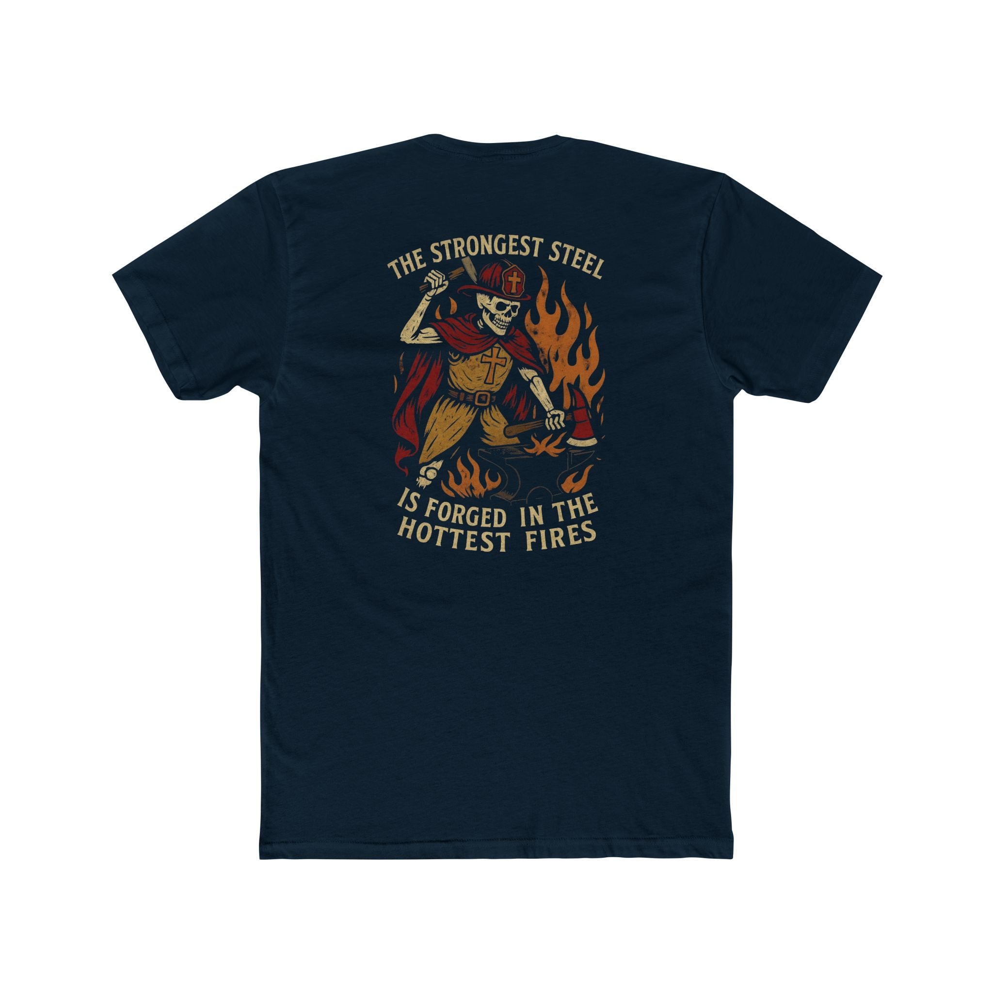'The Strongest Steel Is Forged In The Hottest Fires' Graphic Tee — Skeleton Blacksmith Design