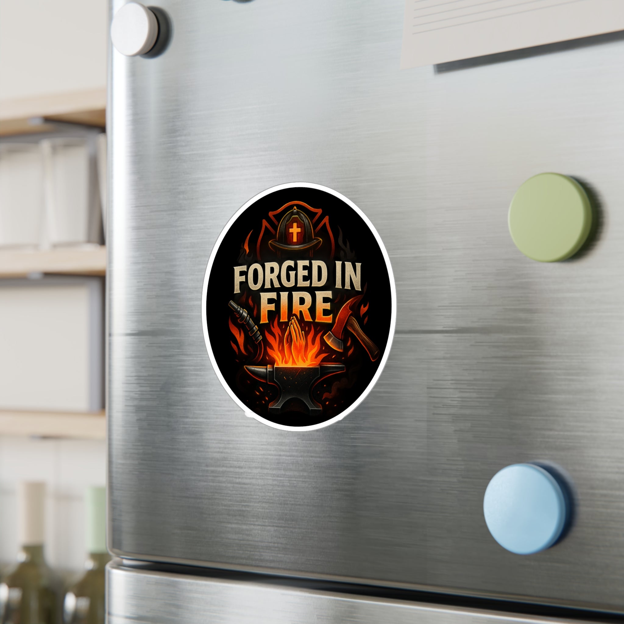 Forged in Fire Vinyl Sticker — Blacksmith Anvil & Flame Kiss-Cut Decal