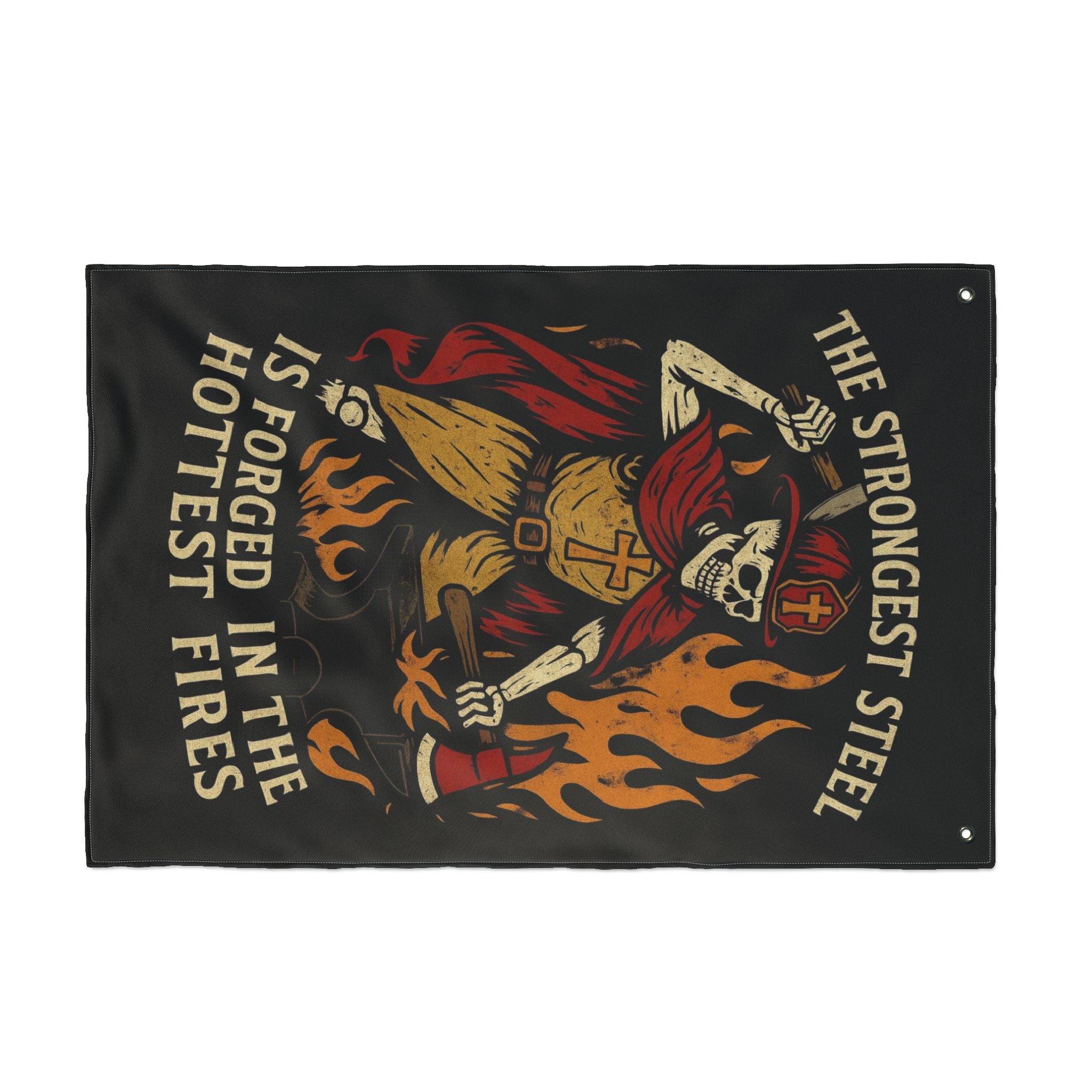 Double-Sided Flag - 'The Strongest Steel Is Forged in the Hottest Fires' Skeleton Firefighter Banner
