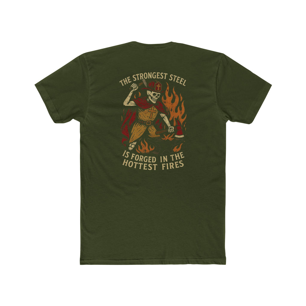 'The Strongest Steel Is Forged In The Hottest Fires' Graphic Tee — Skeleton Blacksmith Design