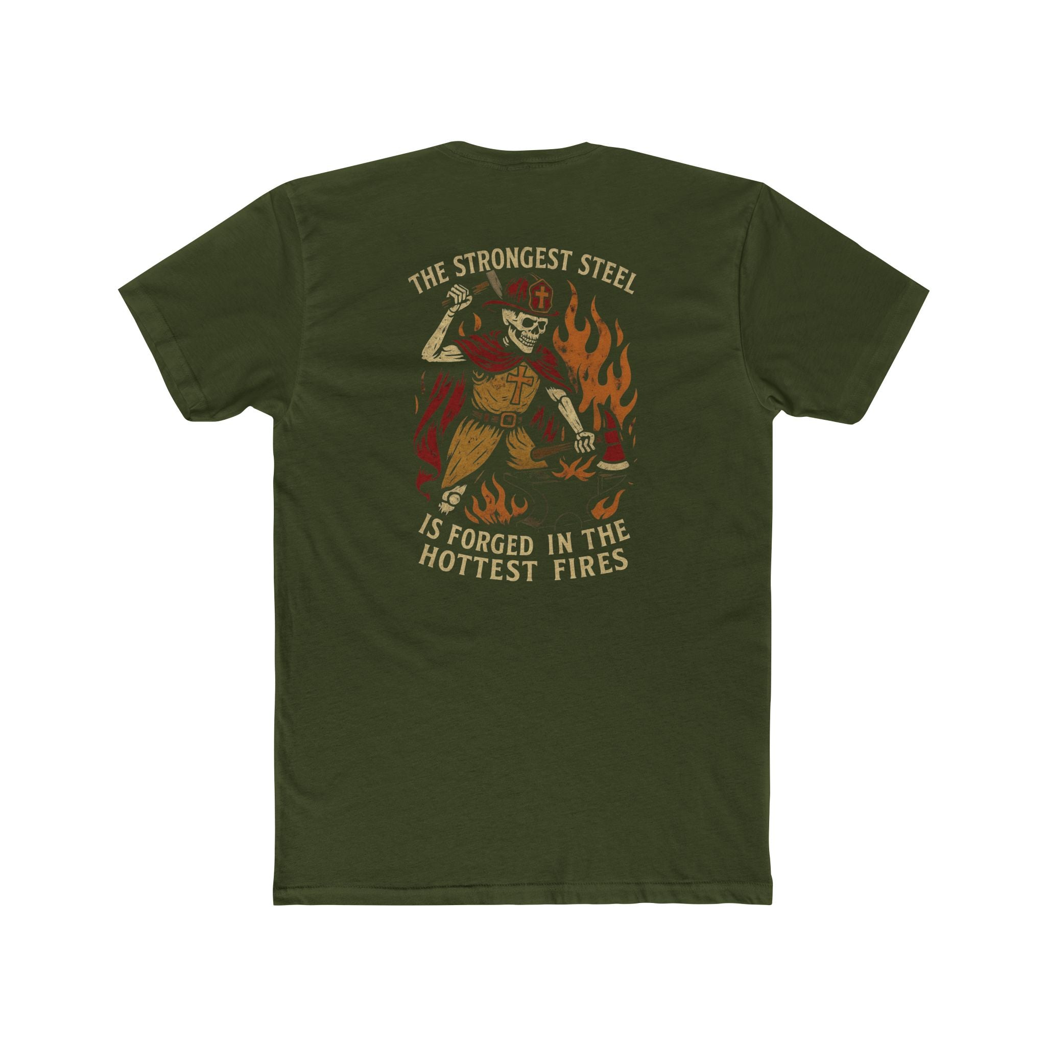 'The Strongest Steel Is Forged In The Hottest Fires' Graphic Tee — Skeleton Blacksmith Design
