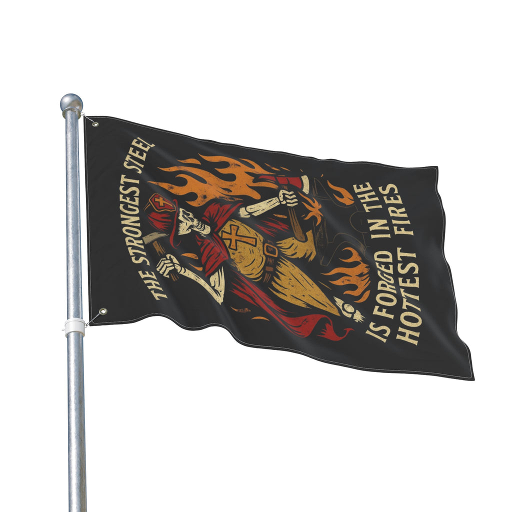 Double-Sided Flag - 'The Strongest Steel Is Forged in the Hottest Fires' Skeleton Firefighter Banner