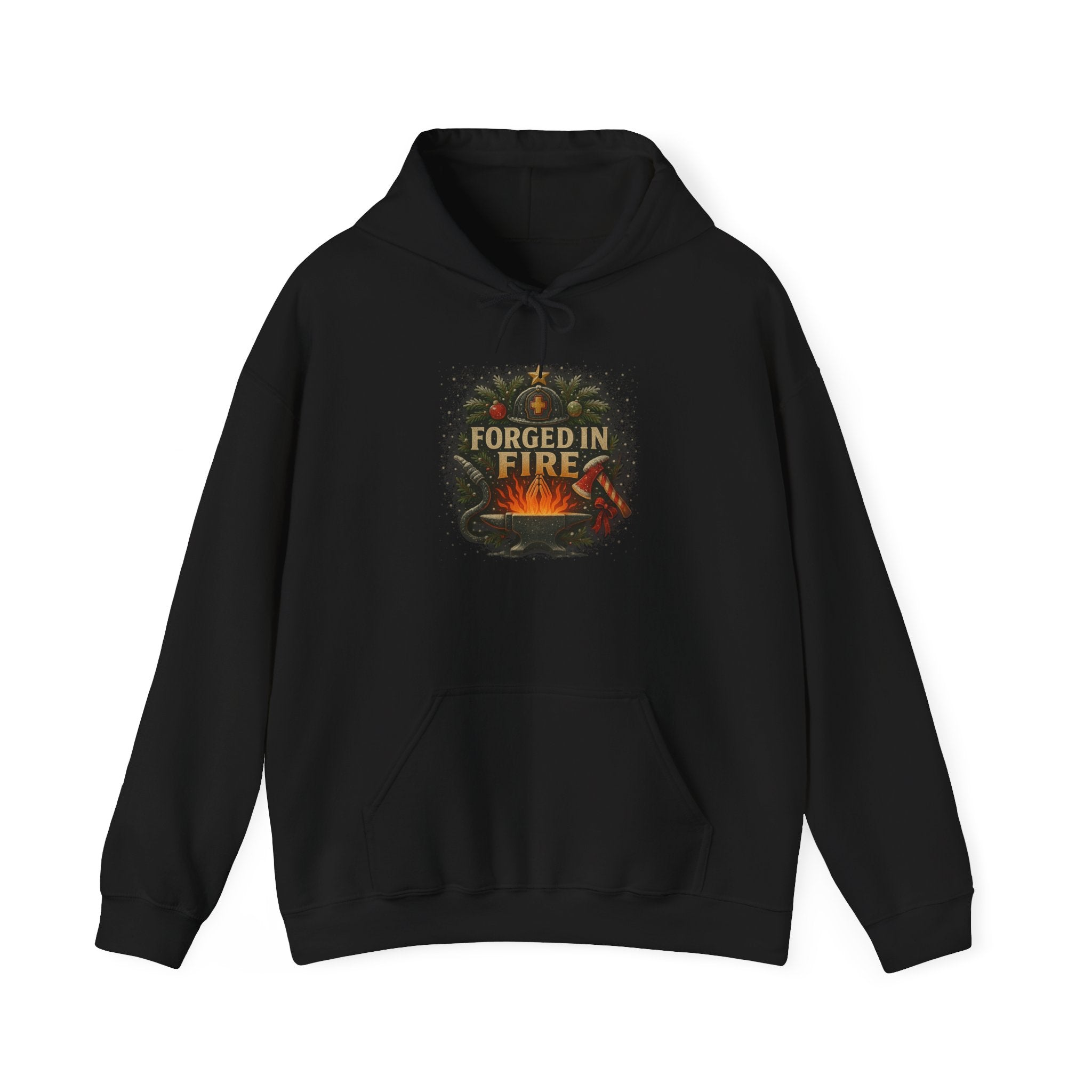 Christmas Hoodie – "Forged in Fire" Vintage Firefighter Christmas Hoodie