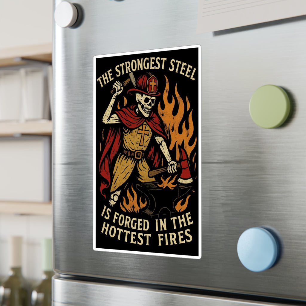 Firefighter Skeleton Forge Sticker — "The Strongest Steel Is Forged in the Hottest Fires" Vinyl Decal